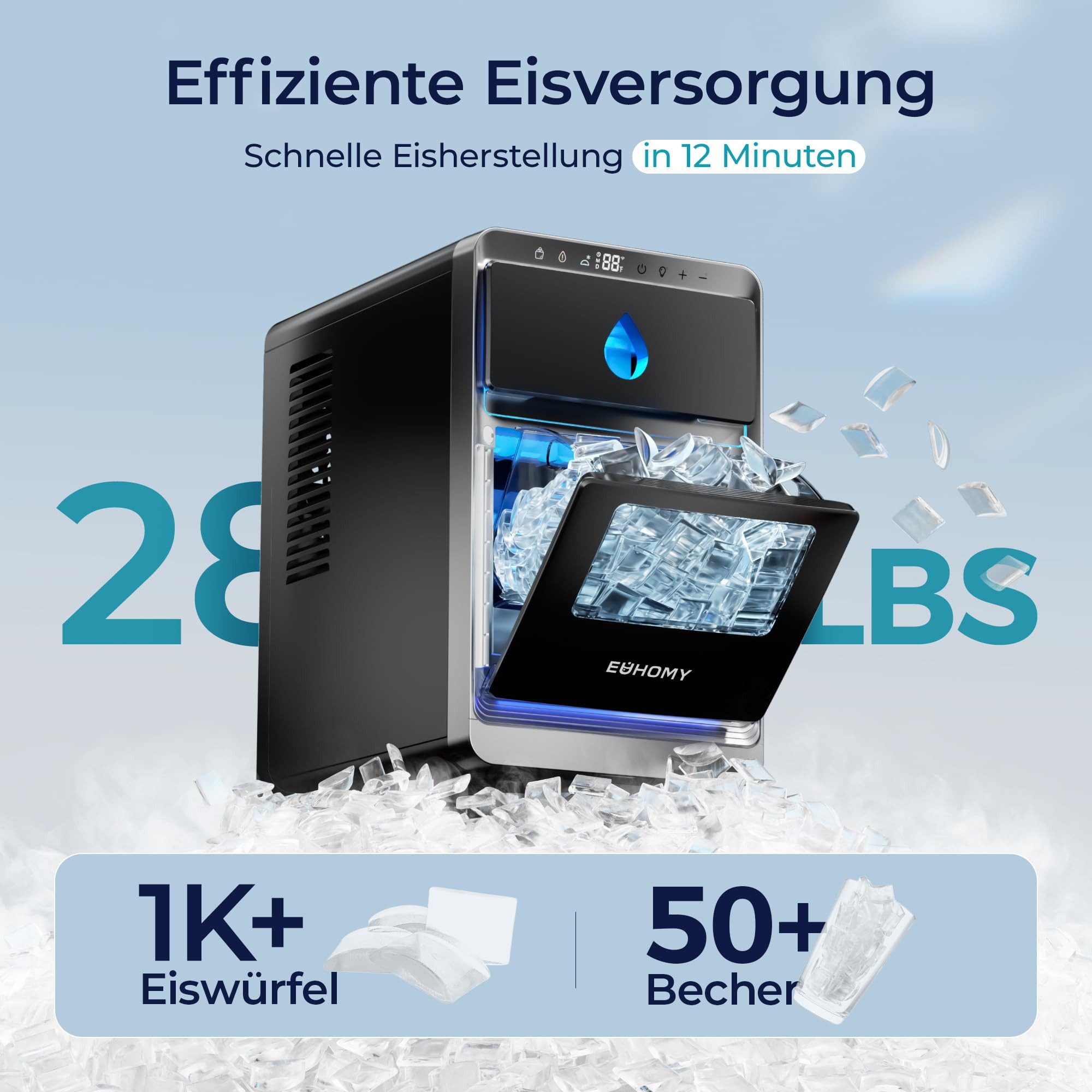 EUHOMY Eiswürfelmaschine Tragbarer Crescent-Eiswuerfelmaschine, 1600 Eis/Tag, Selbstreinigung, 1600 Stück/Tag, fertig in 12 Minuten, automatische Tiefenreinigun – Bild 2 von 5