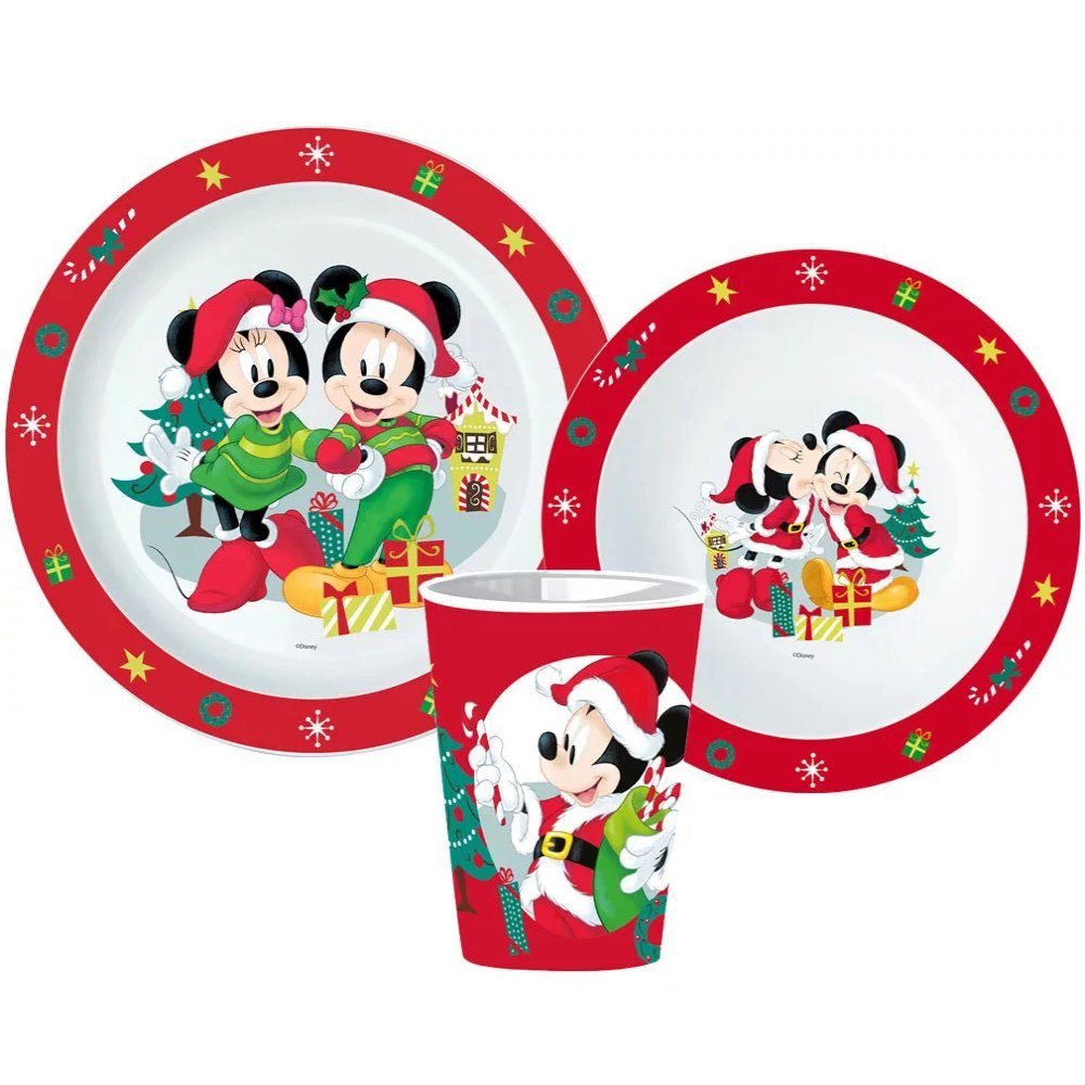 Disney Kindergeschirr-Set Disney Minnie Mickey Mouse Weihnachten Geschirr-Set 3tlg (3-tlg), 1 Personen, Kuststoff, Becher Teller Schüssel
