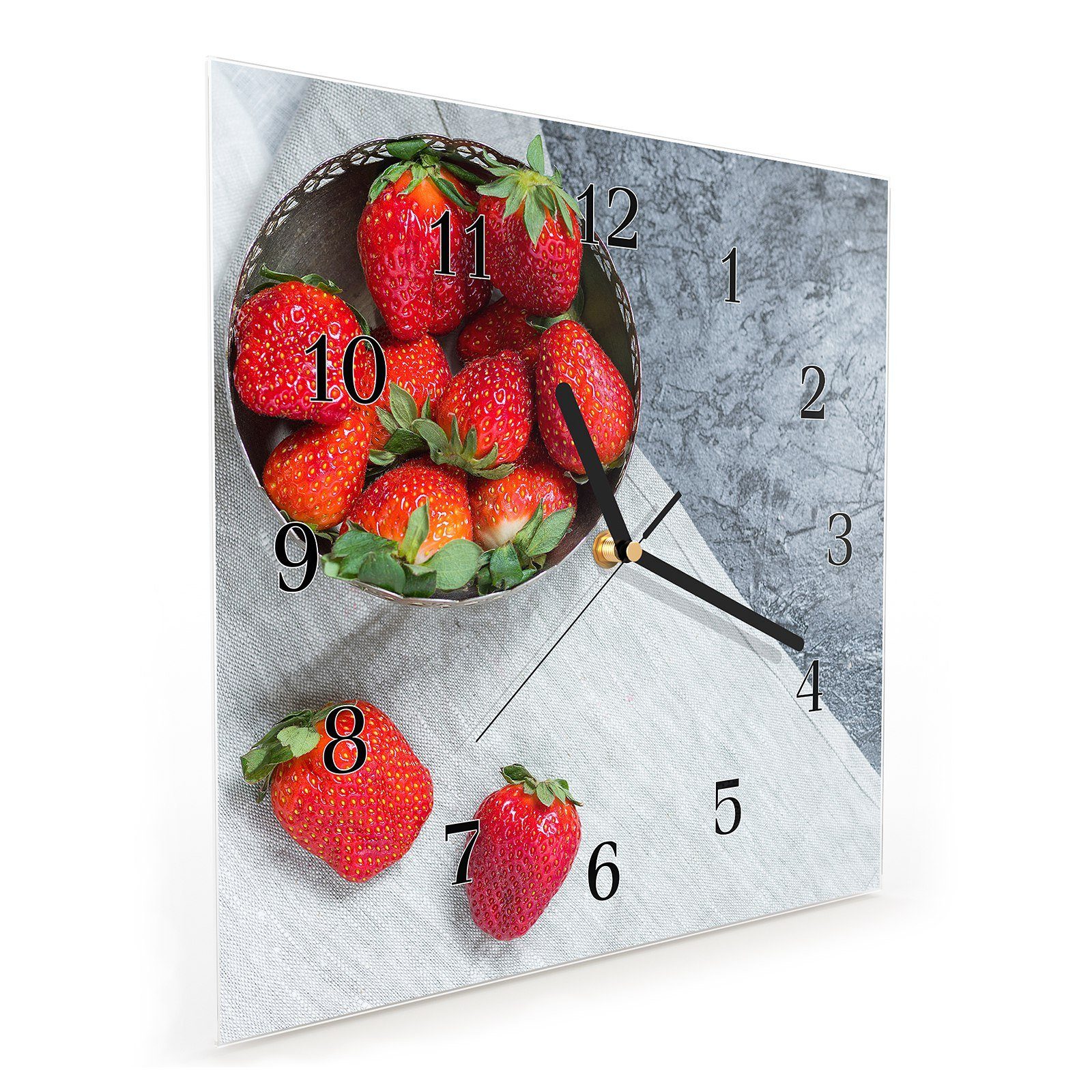 Wandkunst 30 30 mit Glasuhr Größe Wanduhr x Primedeco Topf im Erdbeeren Motiv Wanduhr cm
