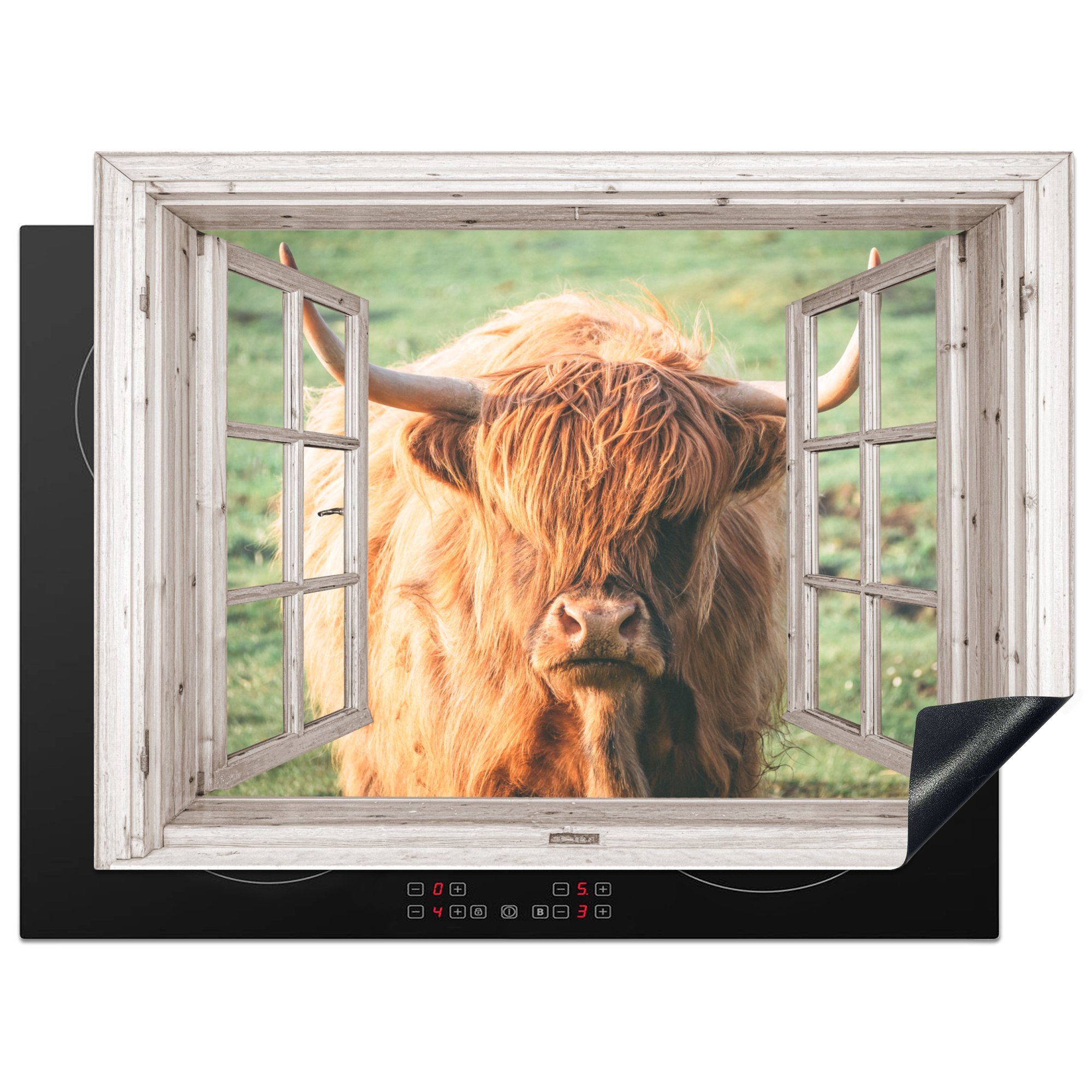 MuchoWow Herdblende-/Abdeckplatte Schottischer Highlander - Kuh - Ansicht, Vinyl, (1 tlg), 71x52 cm, Induktionskochfeld Schutz für die küche, Ceranfeldabdeckung