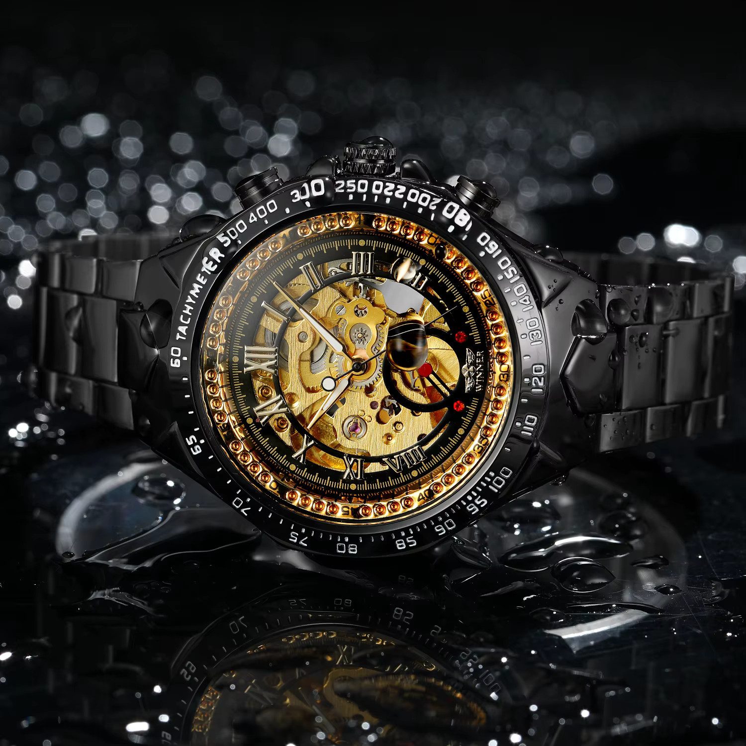 Rötting Design Automatikuhr Herrenuhr Armbanduhr Edelstahl Skelett schwarzes Design, (1-tlg), goldfarbenes Ziffernblatt