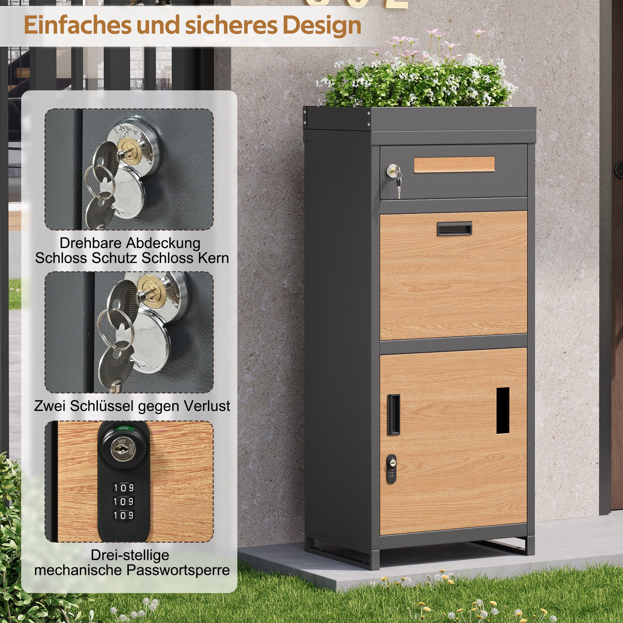 Merax Paketbriefkasten mit Zahlenschloss, wetterfestes Design aus verzinktem Stahlblech (118.5x50x37cm, 1-St), mit integriertem Blumenkasten und Aufbewahrung, a – Bild 4 von 5
