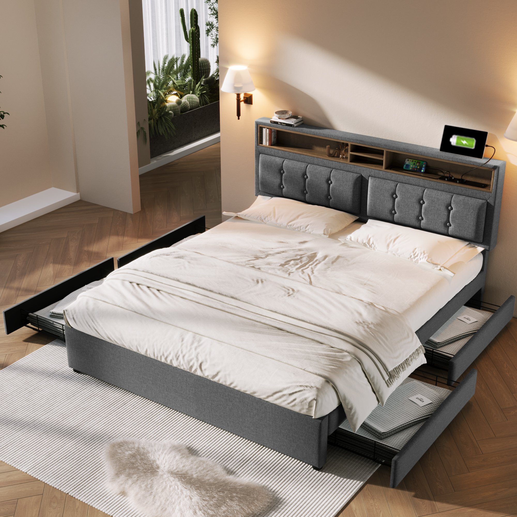 Polsterbett (Doppelbett mit Lattenrost und 4 Schubladen), Stauraumbett 160x200cm mit USB Typ C Ladefunktion Kopfteil, Leinen