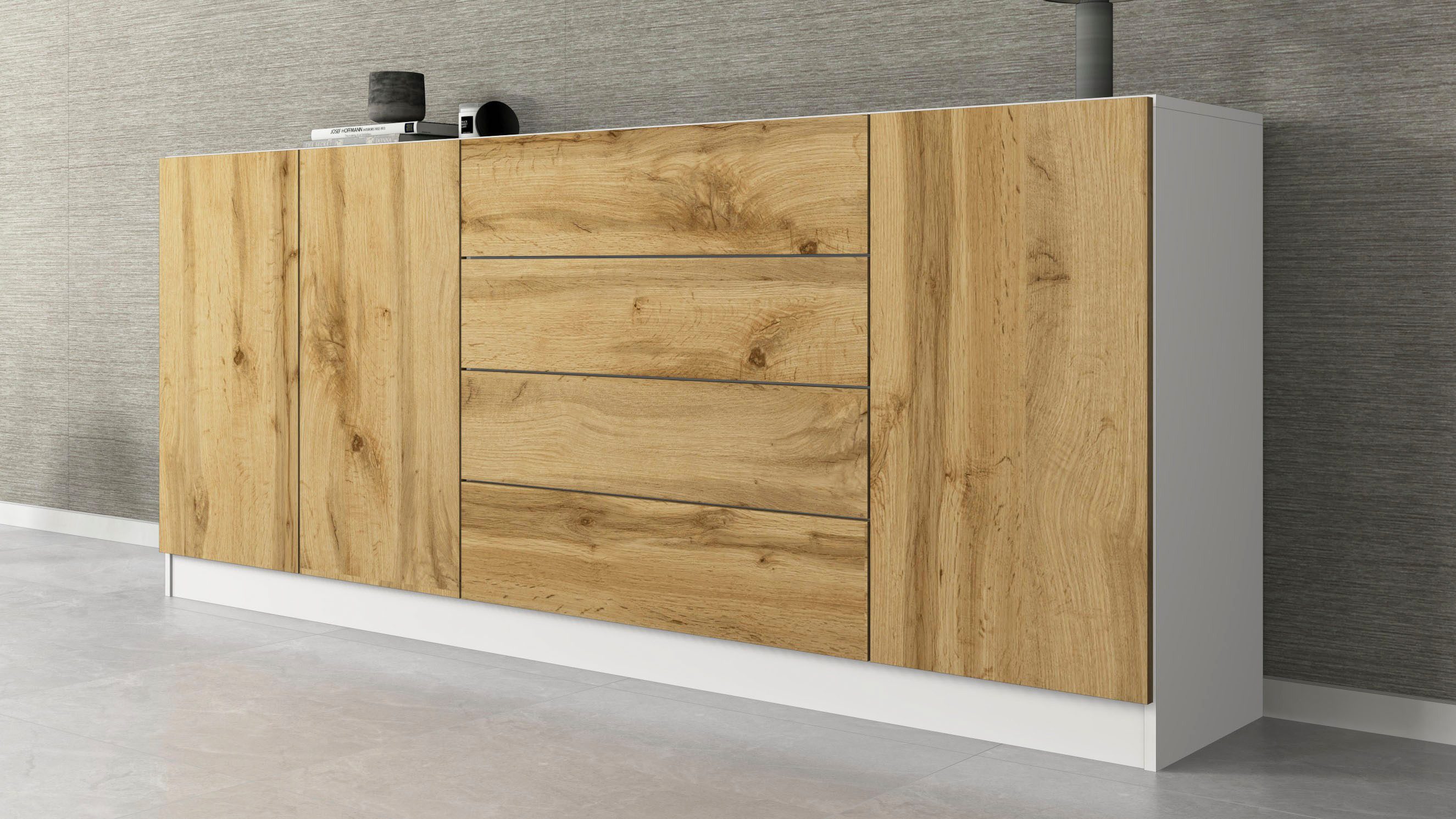 borchardt Möbel Sideboard Vaasa, Kommode mit 3 Türen und 4 Schubkästen auf Kugelführungen, Breite 190 cm