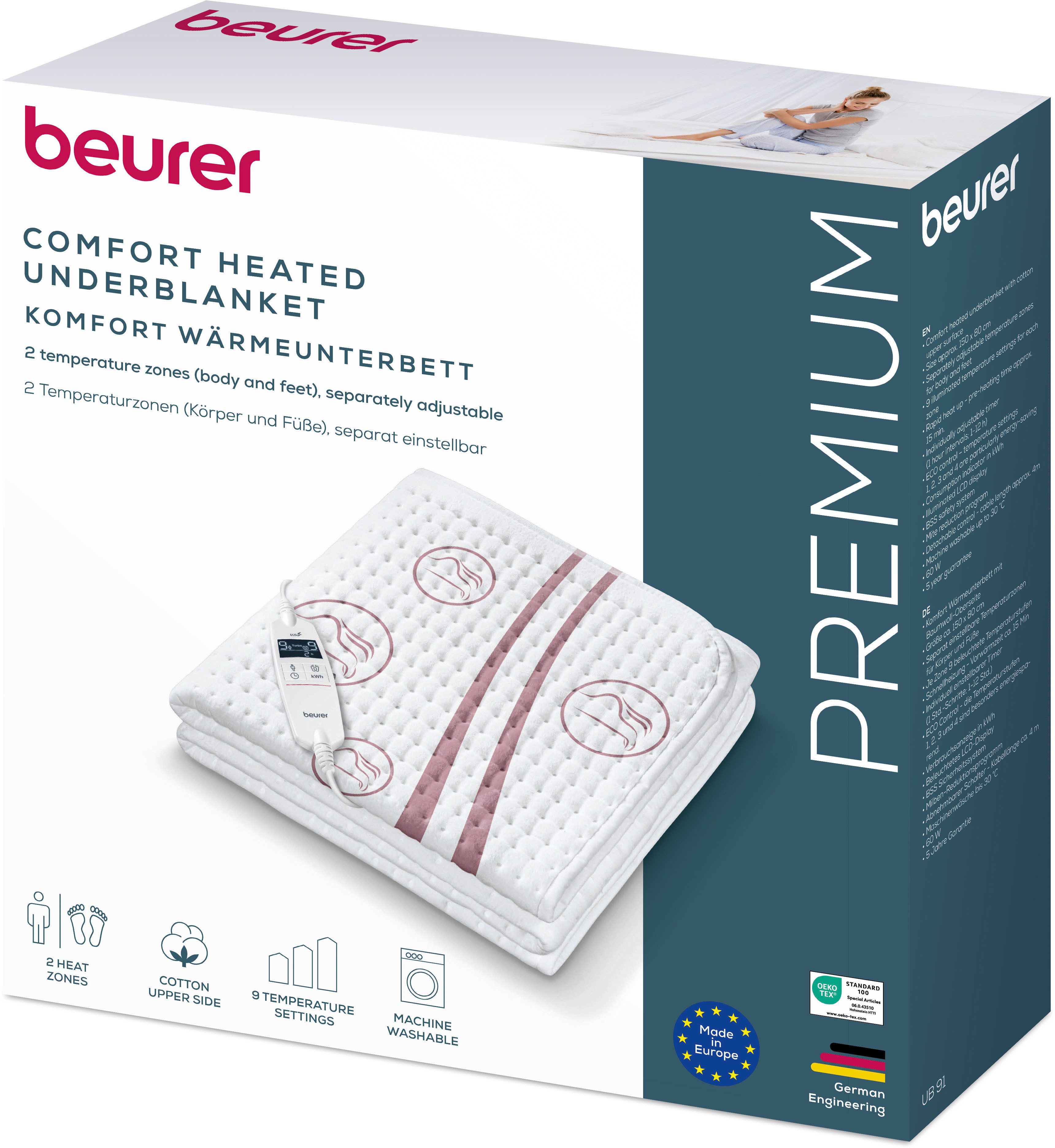 BEURER Wärmeunterbett UB 91 Cosy, 2 Temperaturzonen, 50 x 80 cm, waschbar, Matratzenheizung mit 2 Wärmezonen und variabler Abschaltautomatik