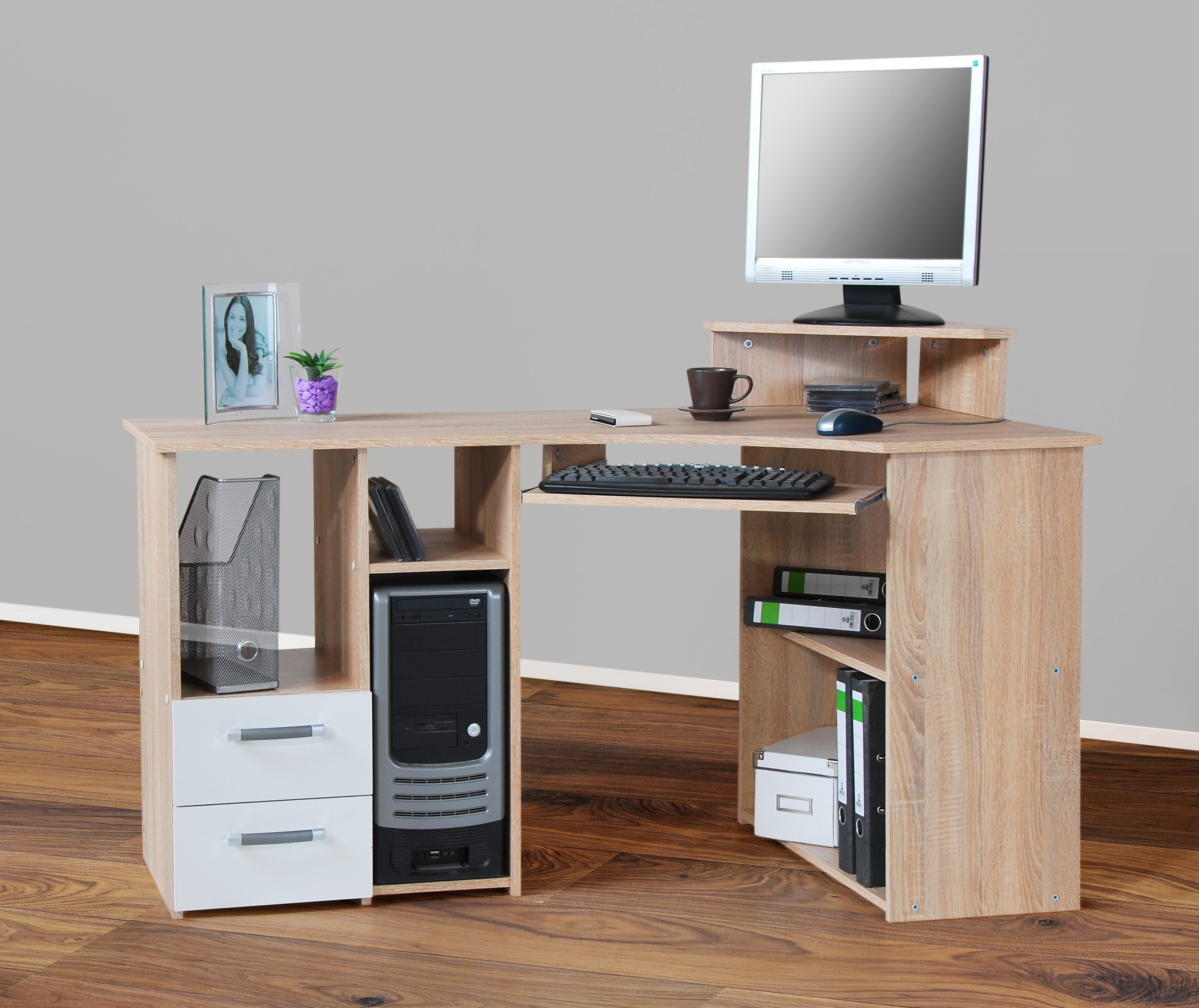 VOGL Möbelfabrik Schreibtisch Sam, Breite und 137 cm, eichefarben Towerfach Tastaturauszug mit