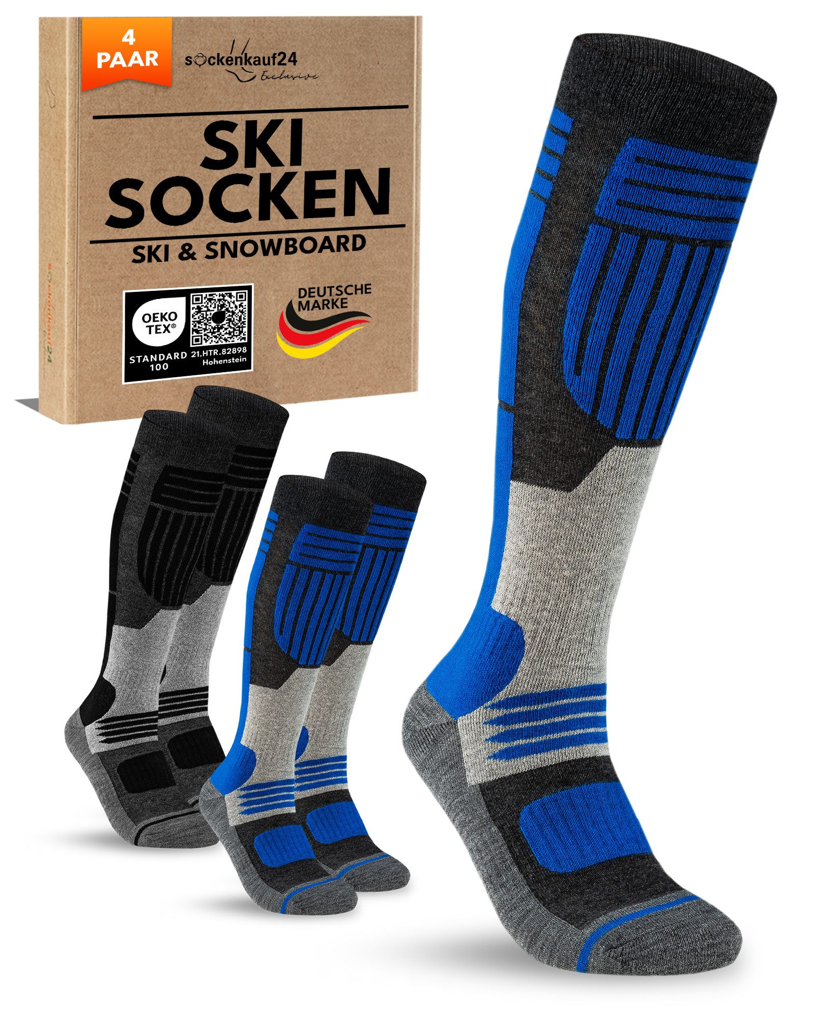 sockenkauf24 Skisocken Merino Herren 2 Paar Ski Kniestrümpfe Merinowolle (4-Paar) atmungsaktive Skisocken mit verstärkten Belastungszonen