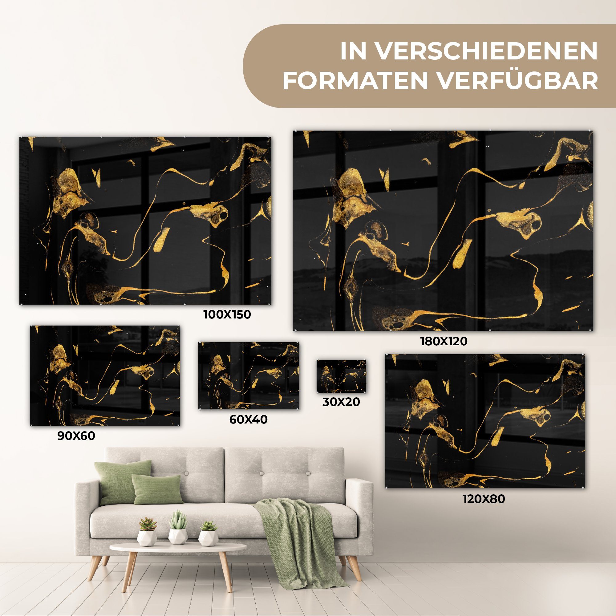 - - Gold Bilder St), Schwarz, Foto auf auf - Muster MuchoWow Wanddekoration - Glasbilder (1 Wandbild - Acrylglasbild Glas Glas