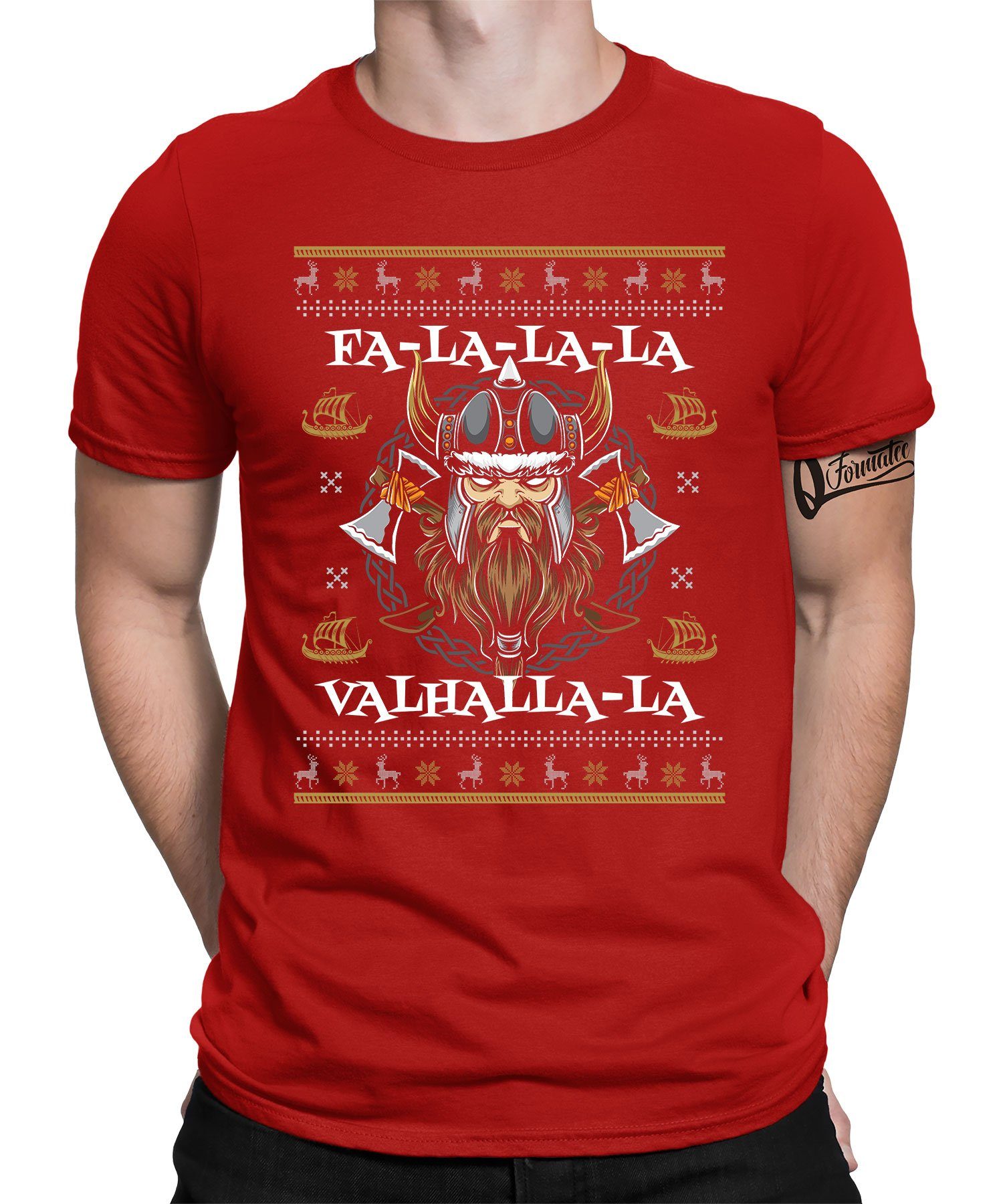 Valhalla - Quattro (1-tlg) Fa-La-La-La Formatee Wikinger X-mas Kurzarmshirt Weihnachten Weihnachtsgeschenk Rot