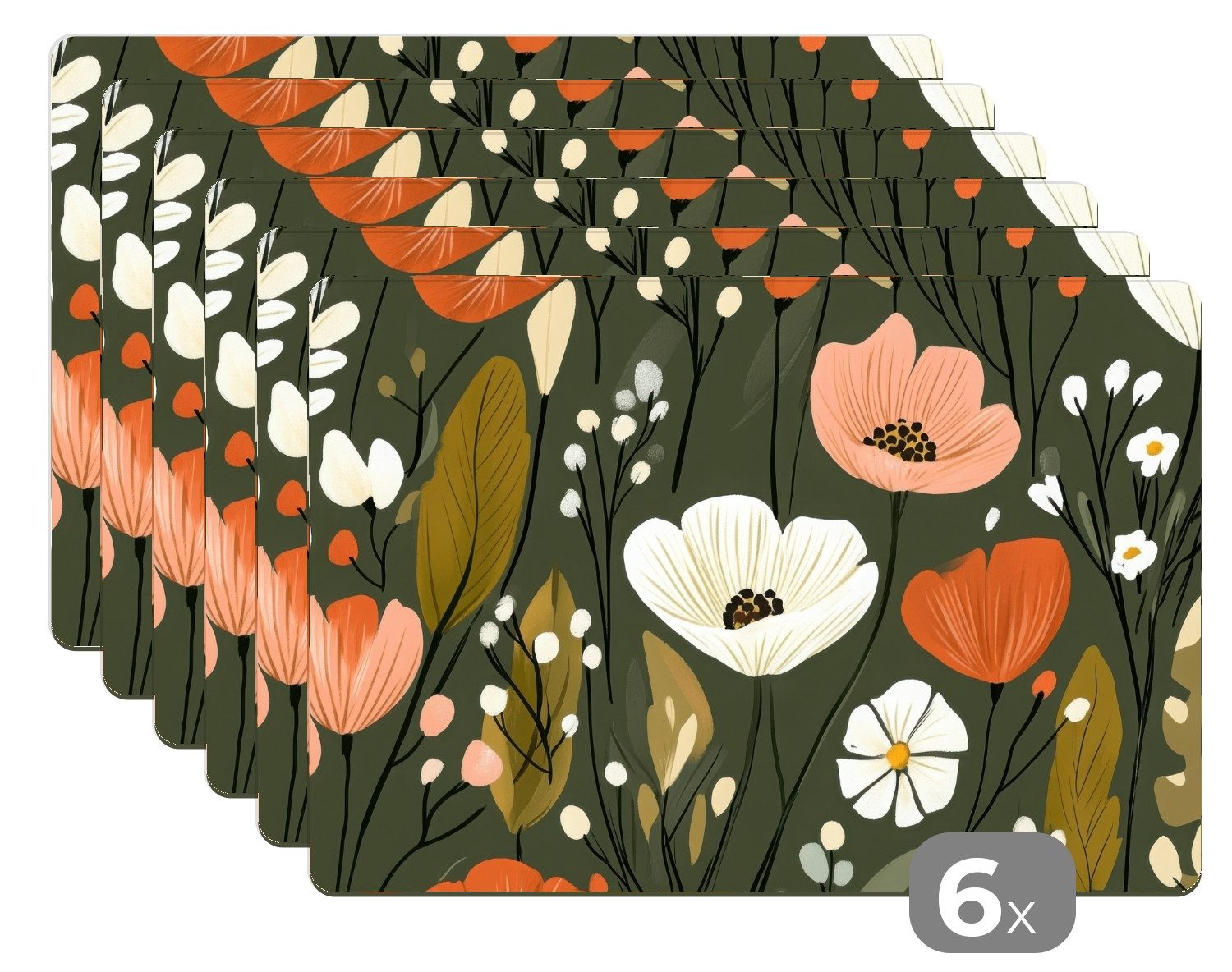 MuchoWow Platzset Blumen - Illustration - Grün, (6-St), Platzsets, Tischset, Abwaschbar, Tischsets, Platzdeckchen
