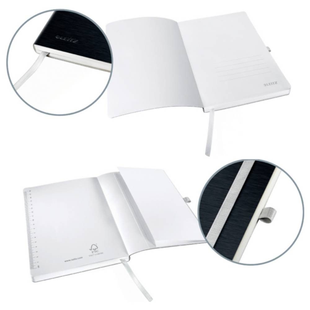 LEITZ Notizbuch 44531094 Notizbuch blanko Satin Schwarz Anzahl der Blätter: 80 DIN A5, Softcover, Innentasche (Rückseite), Stiftschlaufe, Gummibandverschluss