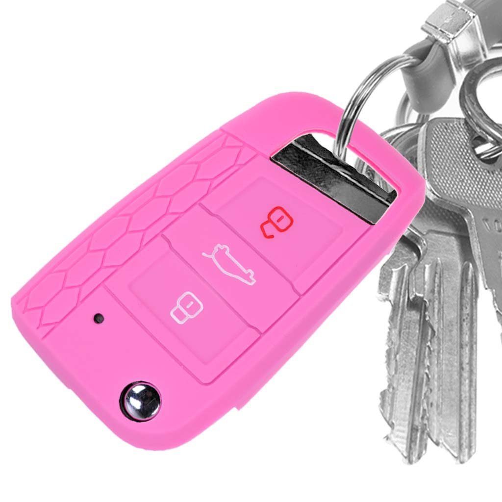 mt-key Schlüsseltasche Autoschlüssel Softcase Silikon Schutzhülle Rosa, VW Polo Golf 7 VII GTI GTD GTE R 3 Tasten Klappschlüssel
