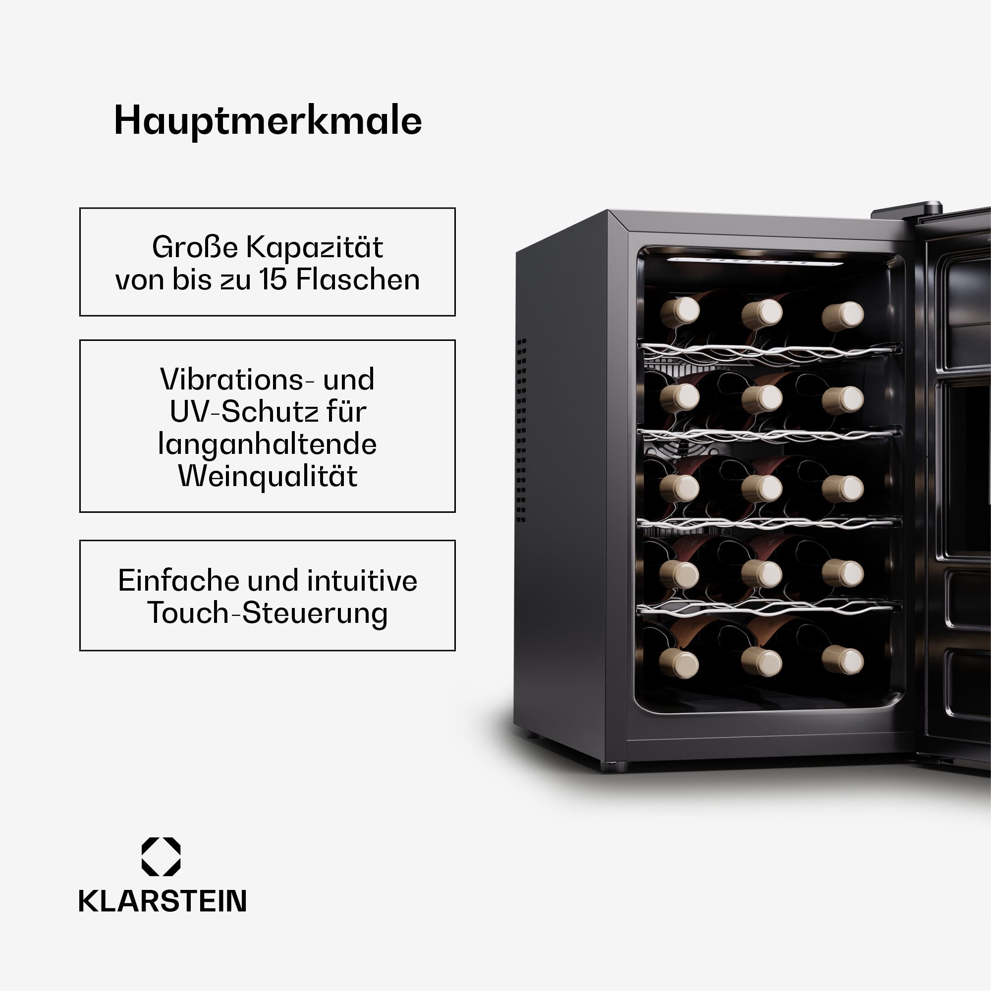 Klarstein Weinkühlschrank Silent Vino 15 Uno, für 15 Standardflaschen á 0,75l,Wein Flaschenkühlschrank Weintemperierschrank Weinschrank Kühlschrank