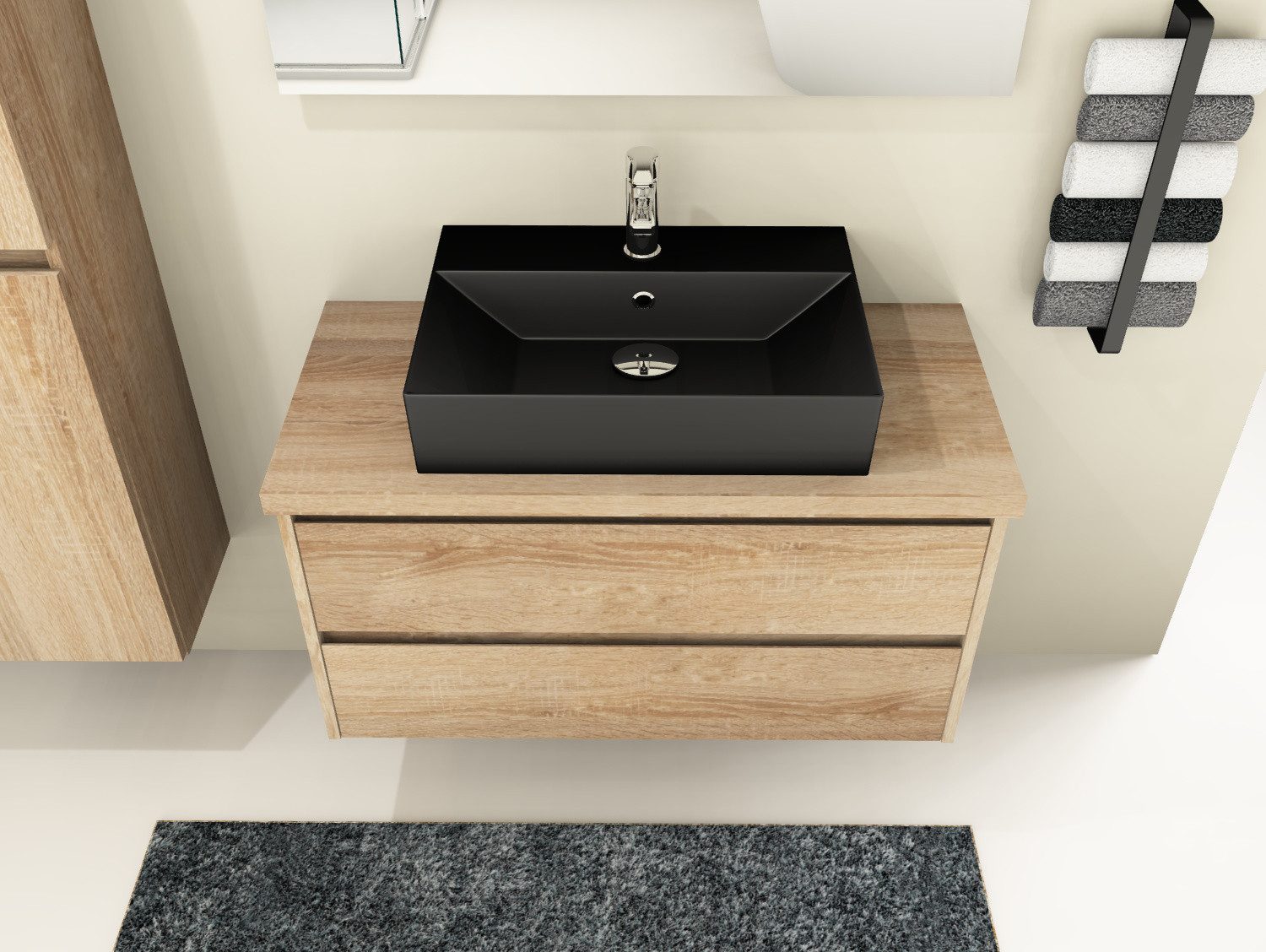 Aqua Bagno Badmöbel-Set Waschplatz Eiche Gold 100cm schwarzes Waschbecken Softclose Schubladen, (vormontiert, 3-St., Badmöbelschrank melaminbeschichtet, Trägerplatte, Keramikwaschbecken), einfache Montage, Badschrank