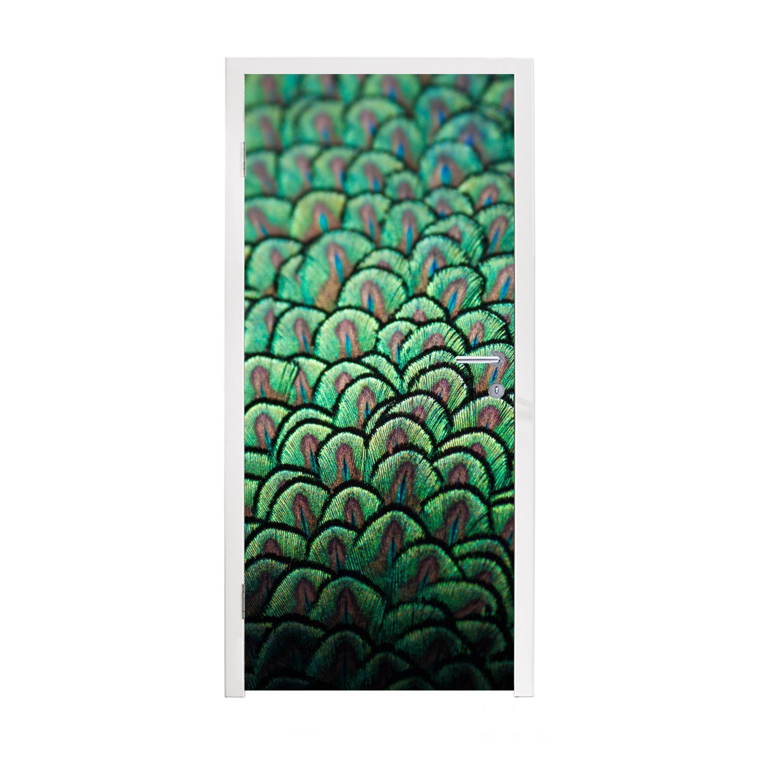 MuchoWow Türtapete Nahaufnahme des Gefieders eines Pfaus, Matt, bedruckt, (1 St), Fototapete für Tür, Türaufkleber, 75x205 cm