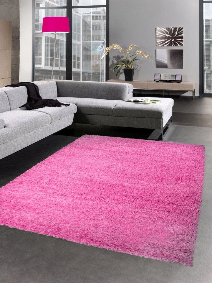 Hochflor-Teppich Shaggy Teppich Hochflor Langflor Bettvorleger Wohnzimmer  Teppich Läufer uni pink rosa, Carpetia, rechteckig, Höhe: 3 mm