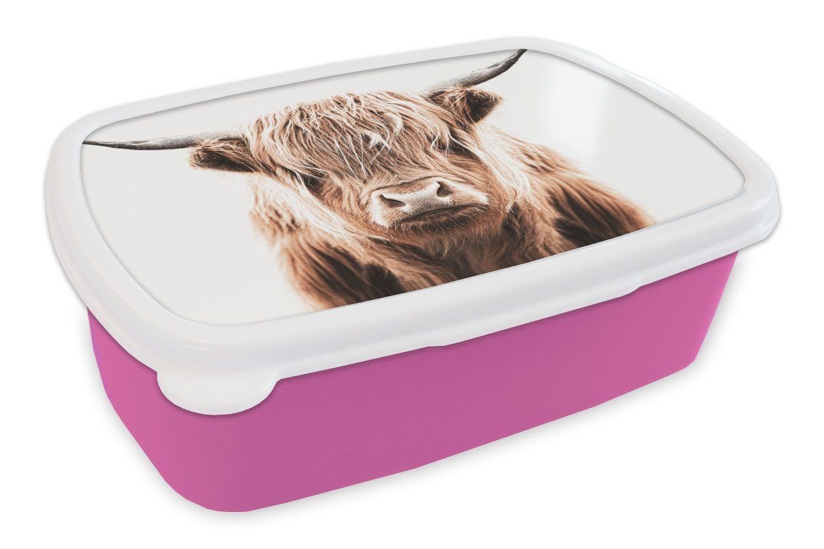 MuchoWow Lunchbox Schottischer Highlander - Kuh - Stier, Kunststoff, (2-tlg), Brotbox für Erwachsene, Brotdose Kinder, Snackbox, Mädchen, Kunststoff rosa