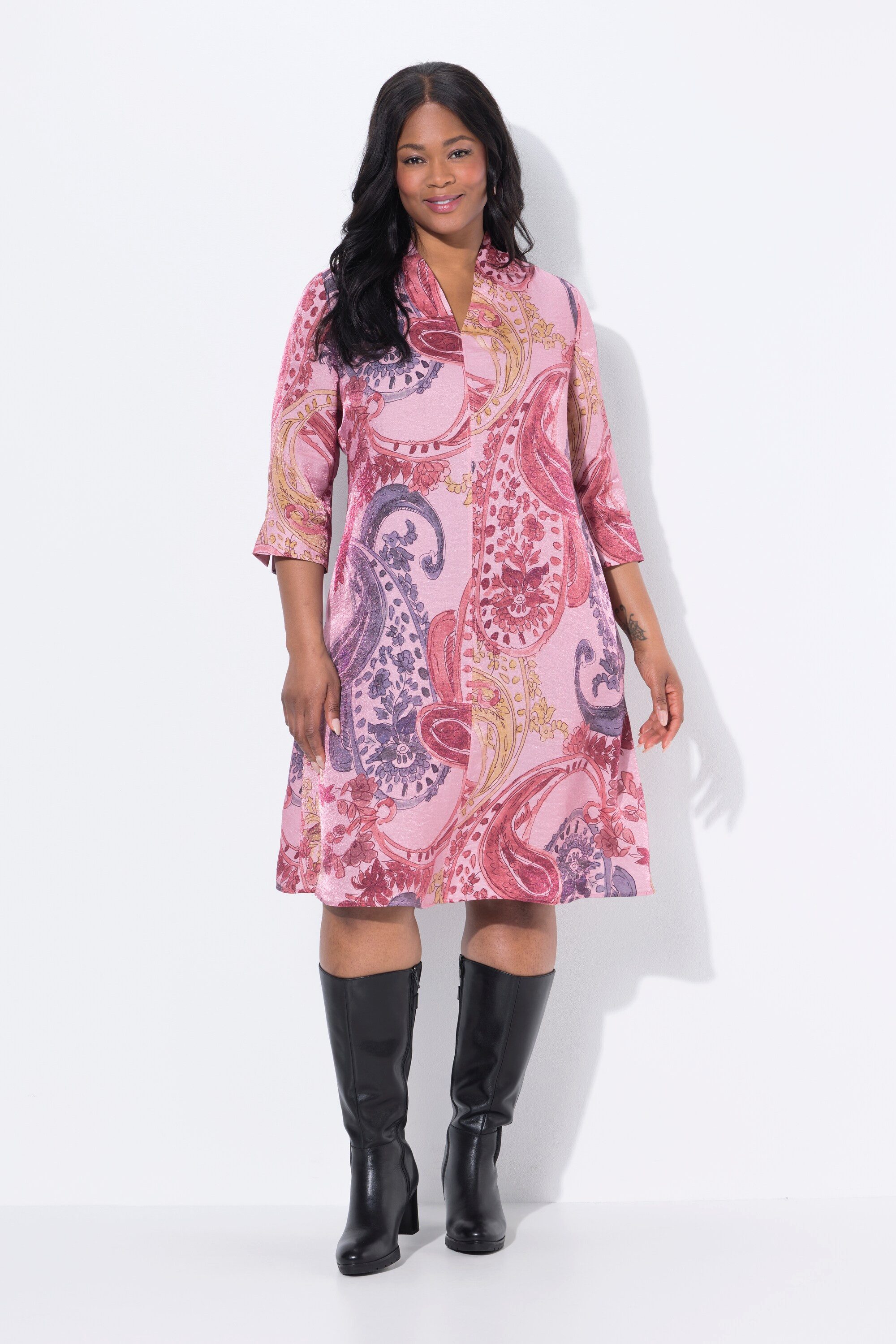 Ulla Popken Jerseykleid Kleid A-Linie Kelchkragen V-Ausschnitt 3/4-Arm günstig online kaufen