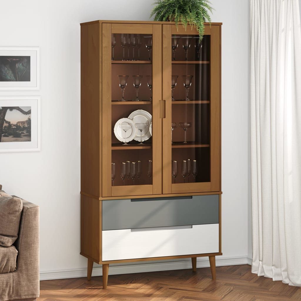 vidaXL Bücherregal Vitrinenschrank Massivholz 90x35x175 MOLDE Braun cm Kiefer, 1-tlg