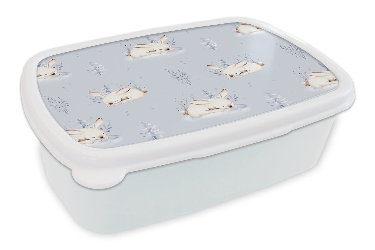 MuchoWow Lunchbox Winter - Kaninchen - Muster, Kunststoff, (2-tlg), Brotbox für Kinder und Erwachsene, Brotdose, für Jungs und Mädchen weiß
