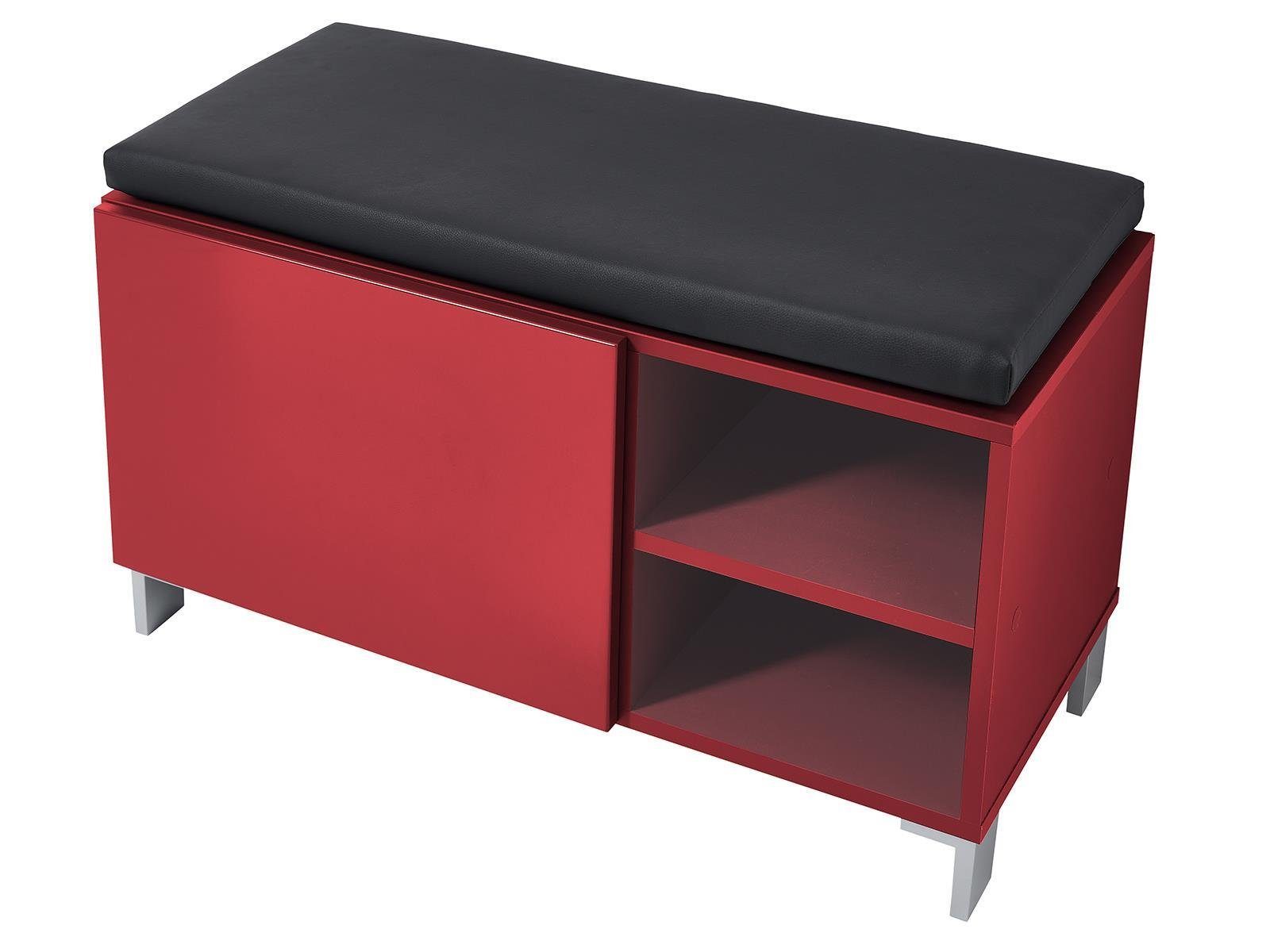 möbelando Sitzbank Redditch, Moderne Garderobenbank in Rot, Korpus aus Spanplatte, Front aus MDF mit 1 Holztür, 1 Einlegeboden und 2 offene Fächer inkl. Sitzkissen. Breite 80 cm, Höhe 48 cm, Tiefe 39 cm