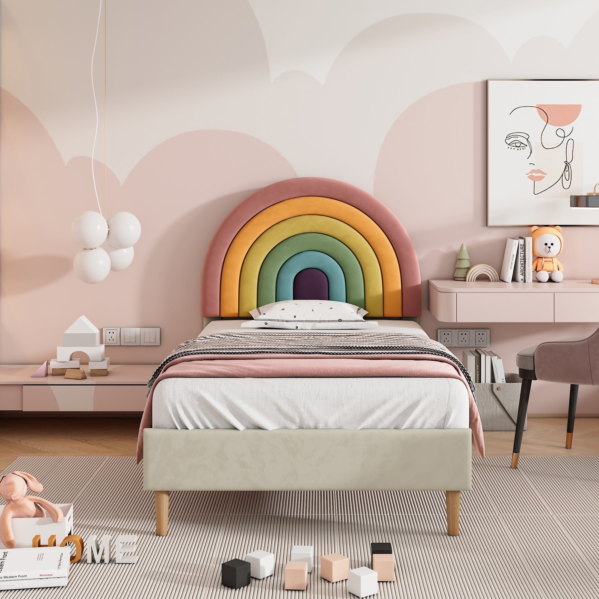 Polsterbett (Jugendbett mit Lattenrost), Kinderbett mit verstellbarem Regenbogen-Kopfteil, 90x200 cm, Samt