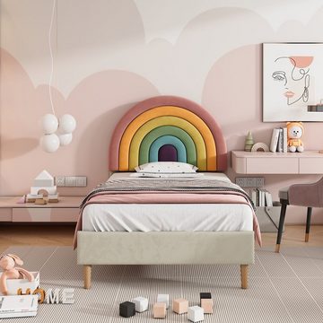 PHOEBE CAT Polsterbett (Jugendbett mit Lattenrost), Kinderbett mit verstellbarem Regenbogen-Kopfteil, 90x200 cm, Samt