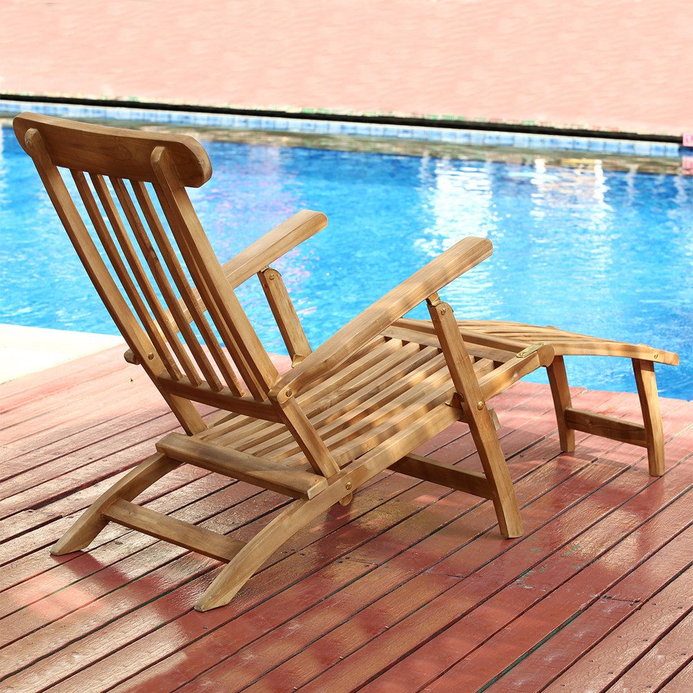 LebensWohnArt Gartenliege Teak Liegestuhl KURSI Teak Sonnenliege Deckchair – Bild 4 von 5