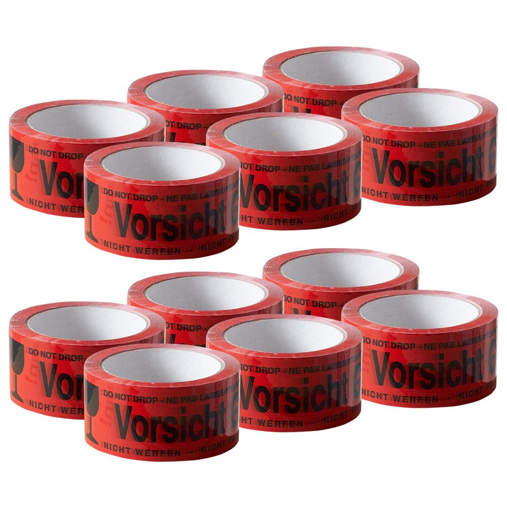 ARLI Klebeband 12x Klebeband " Vorsicht Glas " Packband rot Paketband (12er, 12-St., Set) PP 48 mm x 66 m Paket Band