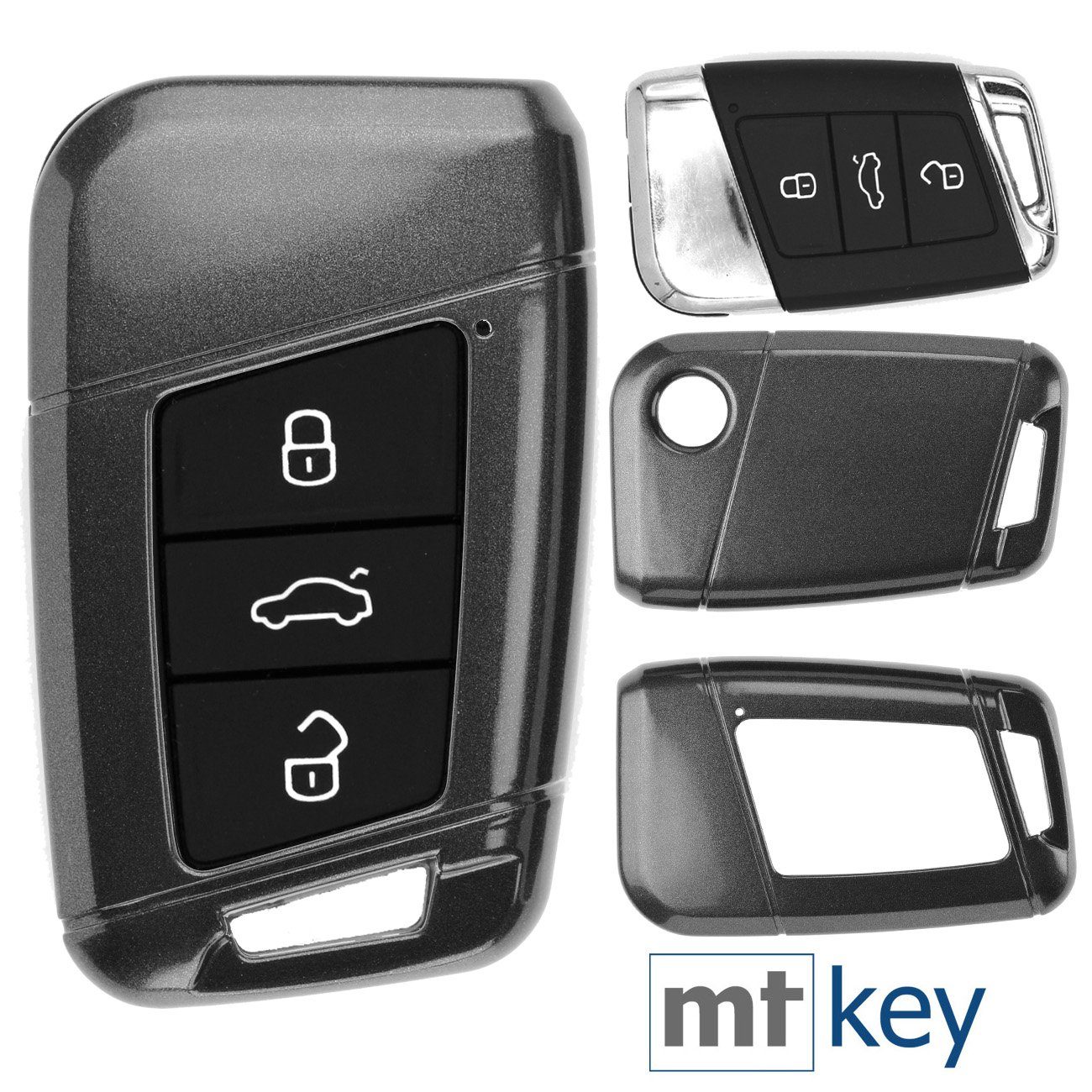 mt-key Schlüsseltasche Autoschlüssel für T-Roc Metallic Passat VW Grau, KEYLESS Superb SMARTKEY B8 Skoda Schutzhülle Hardcover Arteon