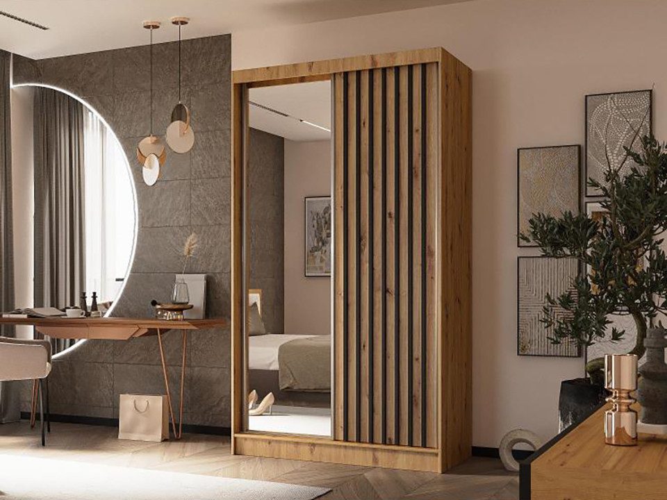 Beautysofa Kleiderschrank Helix Schwebetürenschrank mit Lamellen (Kleiderschrank mit Spiegel, Schrank mit Kleiderstange und vielen Einlegeböden) moderner Garderobenschrank fürs Schlafzimmer