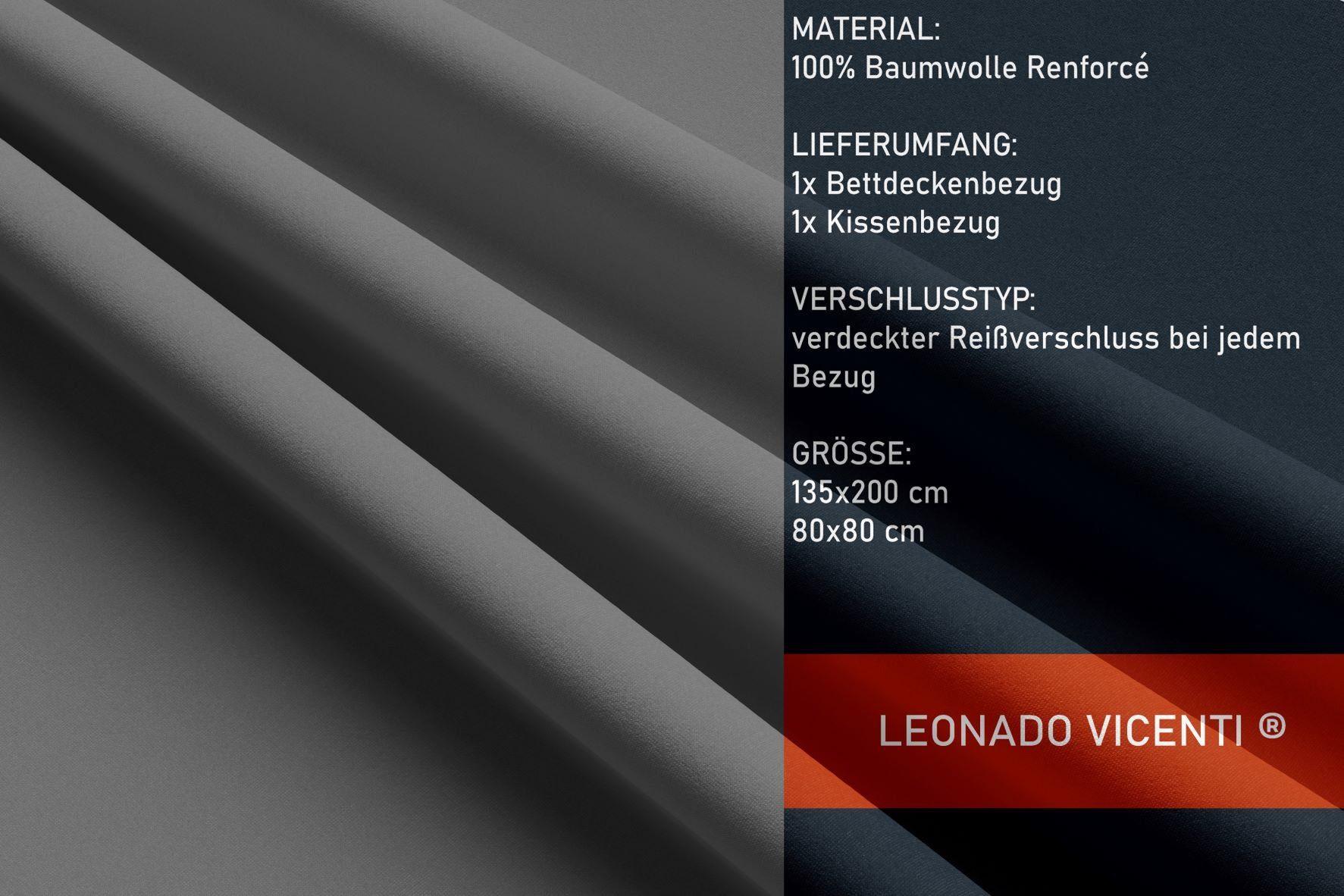 Leonado Vicenti Bettwäsche Baumwolle 135x200, 155x200, 155x220, 200x200, 200x220 oder 240x220, Renforcé, 2 teilig, Einfarbig mit Reißverschluss – Bild 4 von 5