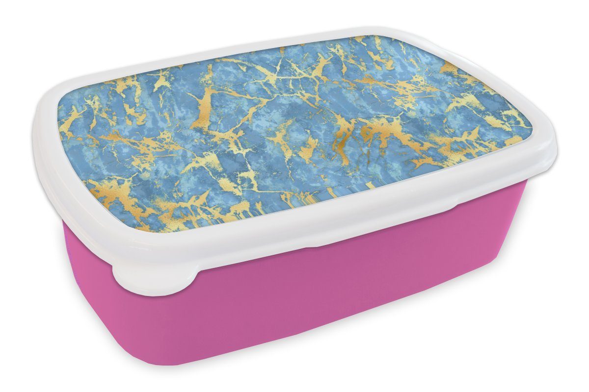 MuchoWow Lunchbox Marmor - Gold - Blau, Kunststoff, (2-tlg), Brotbox für Erwachsene, Brotdose Kinder, Snackbox, Mädchen, Kunststoff rosa