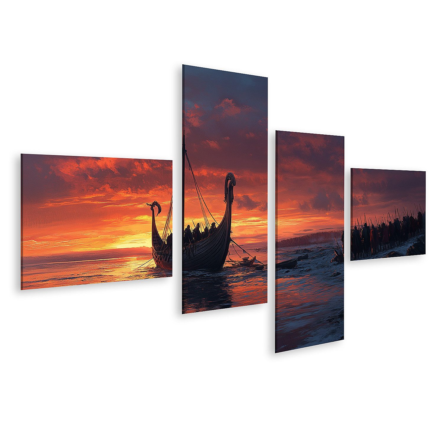 islandburner Leinwandbild Wikinger bei Sonnenuntergang am frostigen Strand