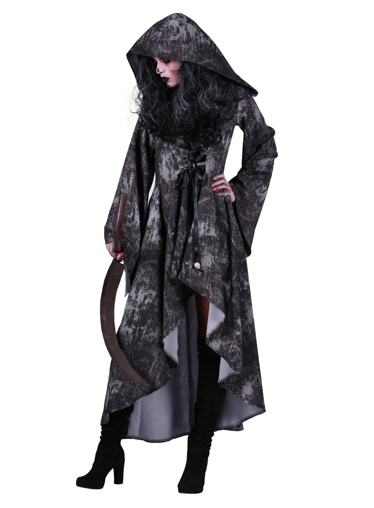 thetru Kostüm Schnitterin Kleid - Halloween Kostüm Damen, Asymmetrisches Kleid mit Kapuze, todschick und schnittig