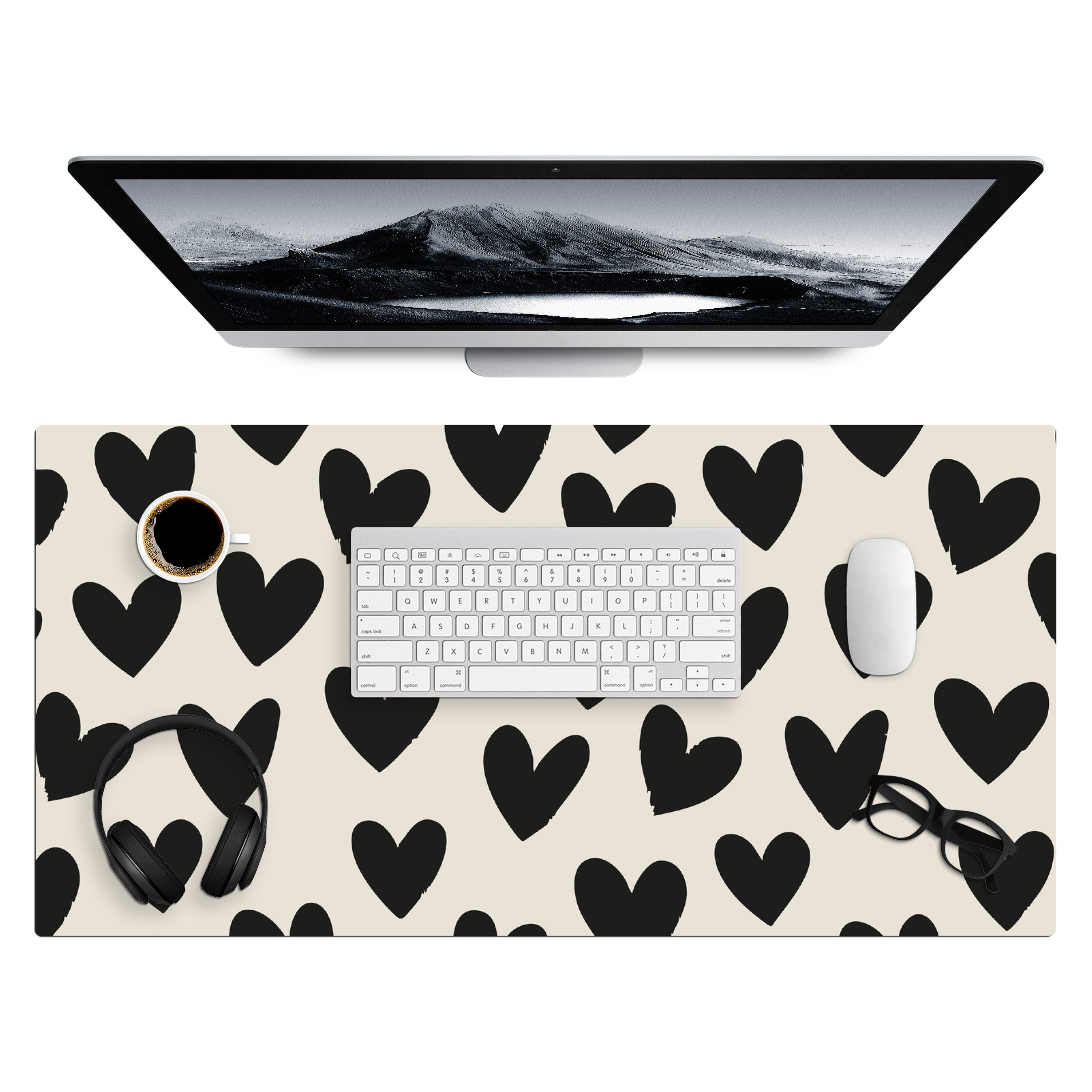 MuchoWow Gaming Mauspad Herzen - Schwarz - Beige (1-St), Gaming Mauspad XXL, Schreibtischunterlage, Desk Mat Groß, 80x40 cm