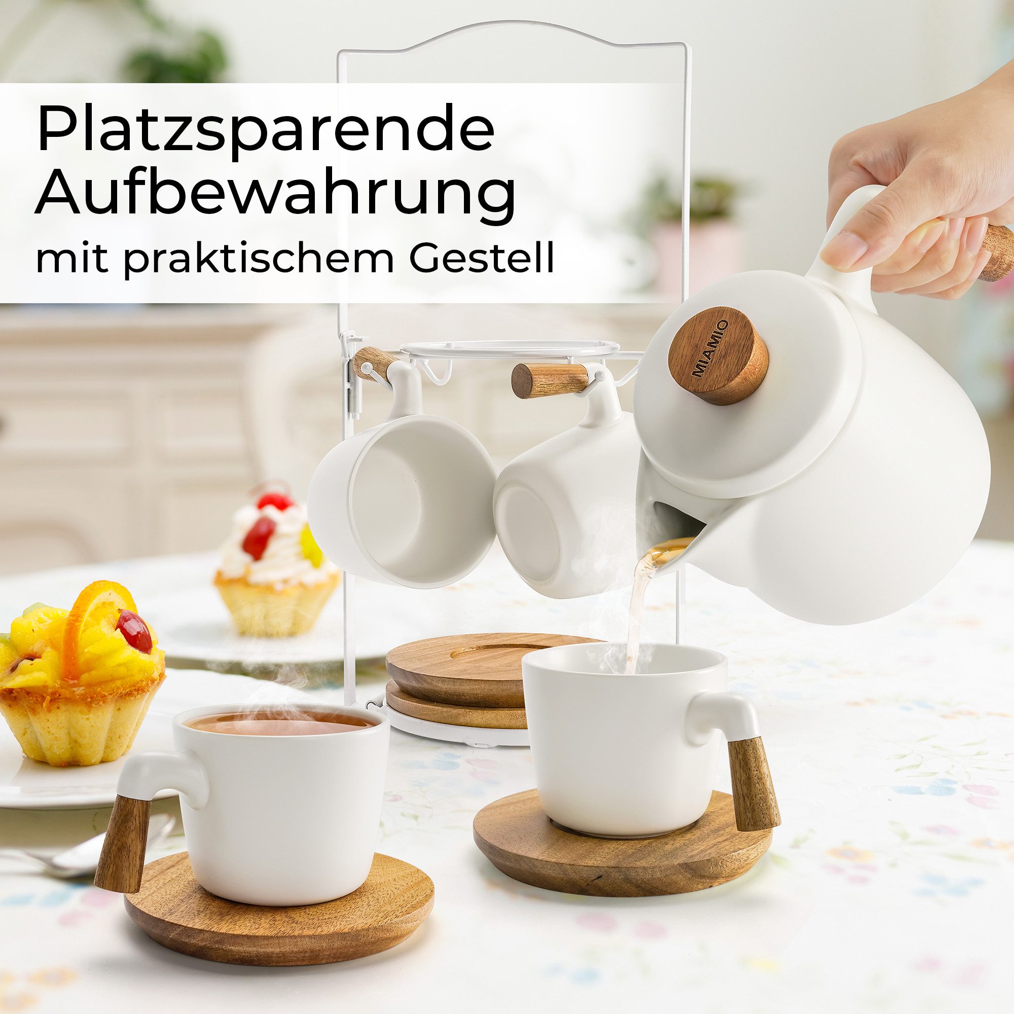 MiaMio Teeservice Teekannen-Set mit Gestell, weiß, Keramik