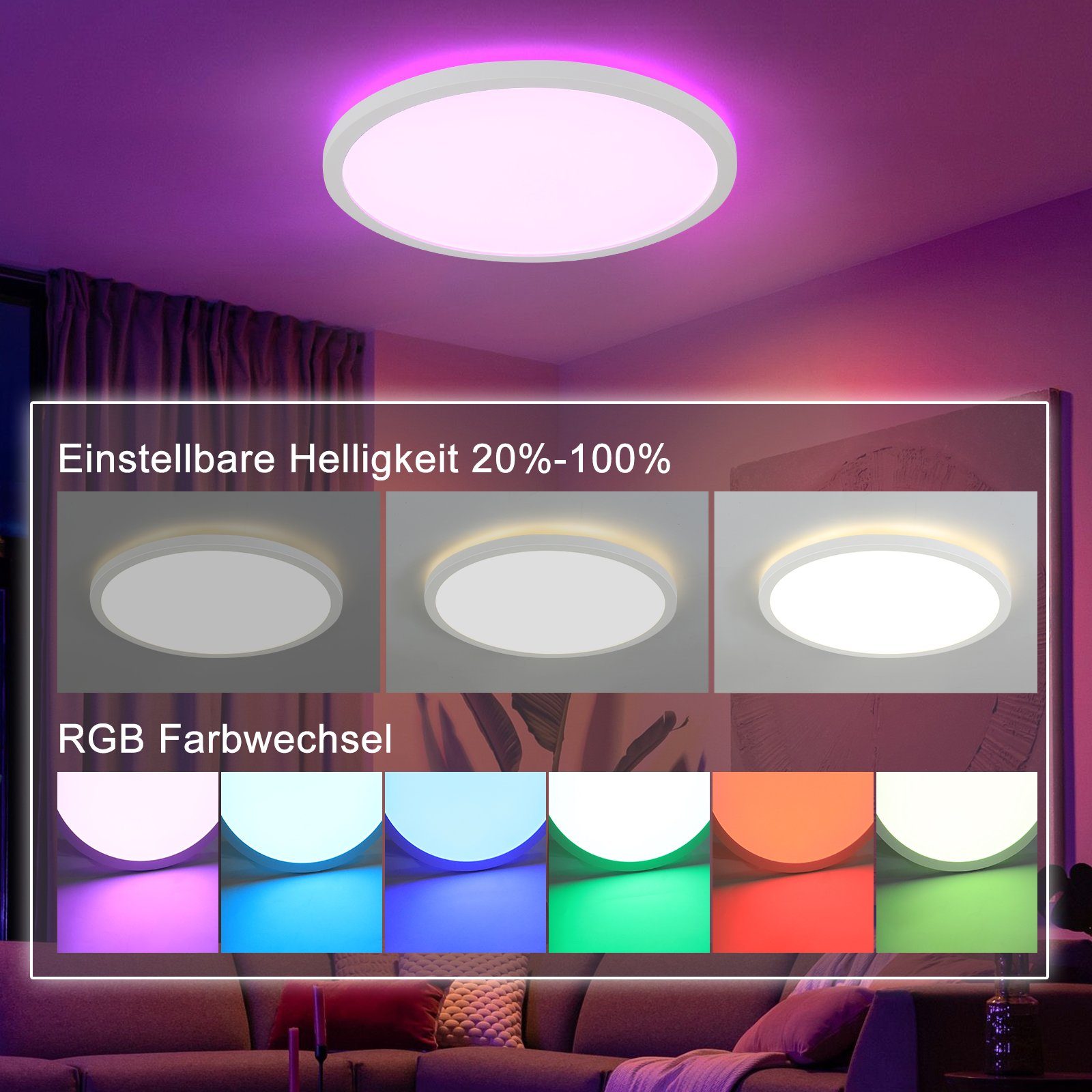 für Wohnzimmer mit Deckenleuchte Rund, Kompatibel Schlafzimmer ZMH Life/TUYA 4000K, LED LED WiFi Farbwechsel 22W RGB fest Deckenlampe 4000K Samrt integriert,