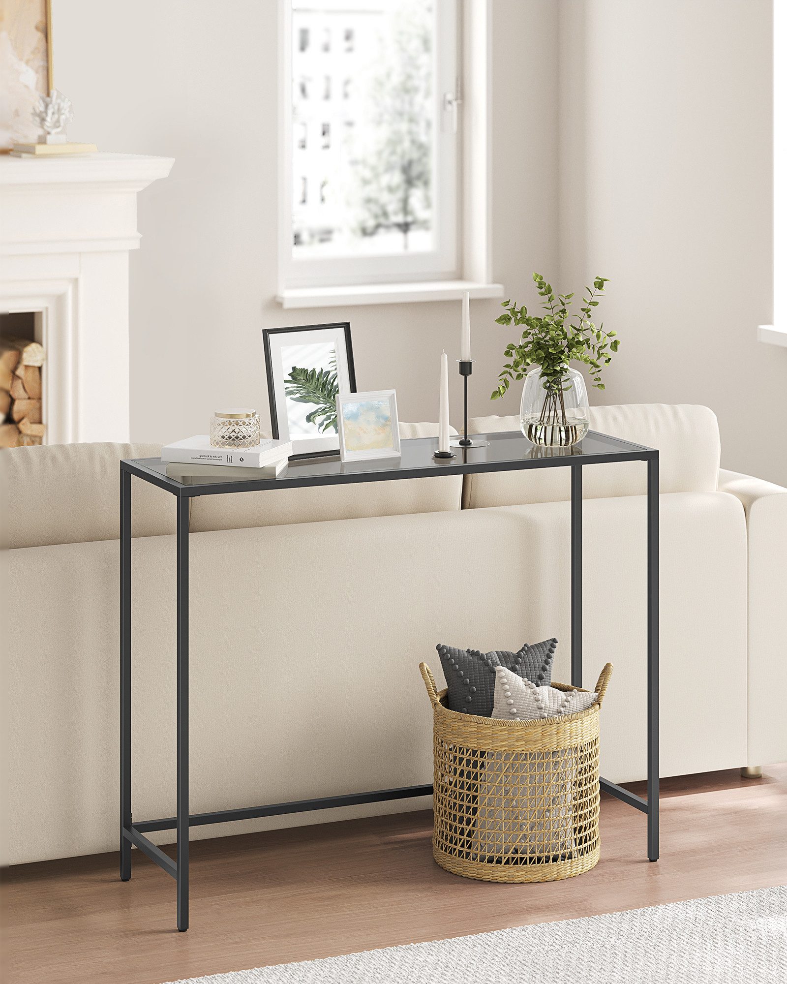 VASAGLE Konsolentisch, Beistelltisch, Oberfläche aus Hartglas, moderner Sofatisch, Flur
