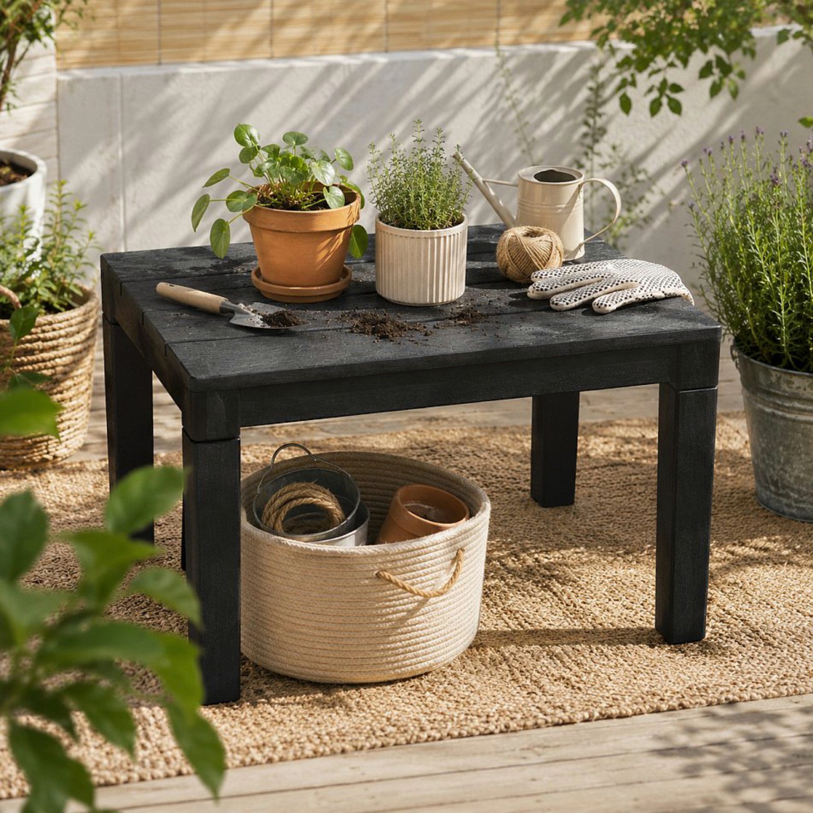 Progarden Gartentisch Beistelltisch Bank Kunststoff 60x40cm bis 90 Kg Anthrazit Holzoptik (1-St), UV-Beständig, Robust, Wetterfest, Made in Italy, Hochwertig