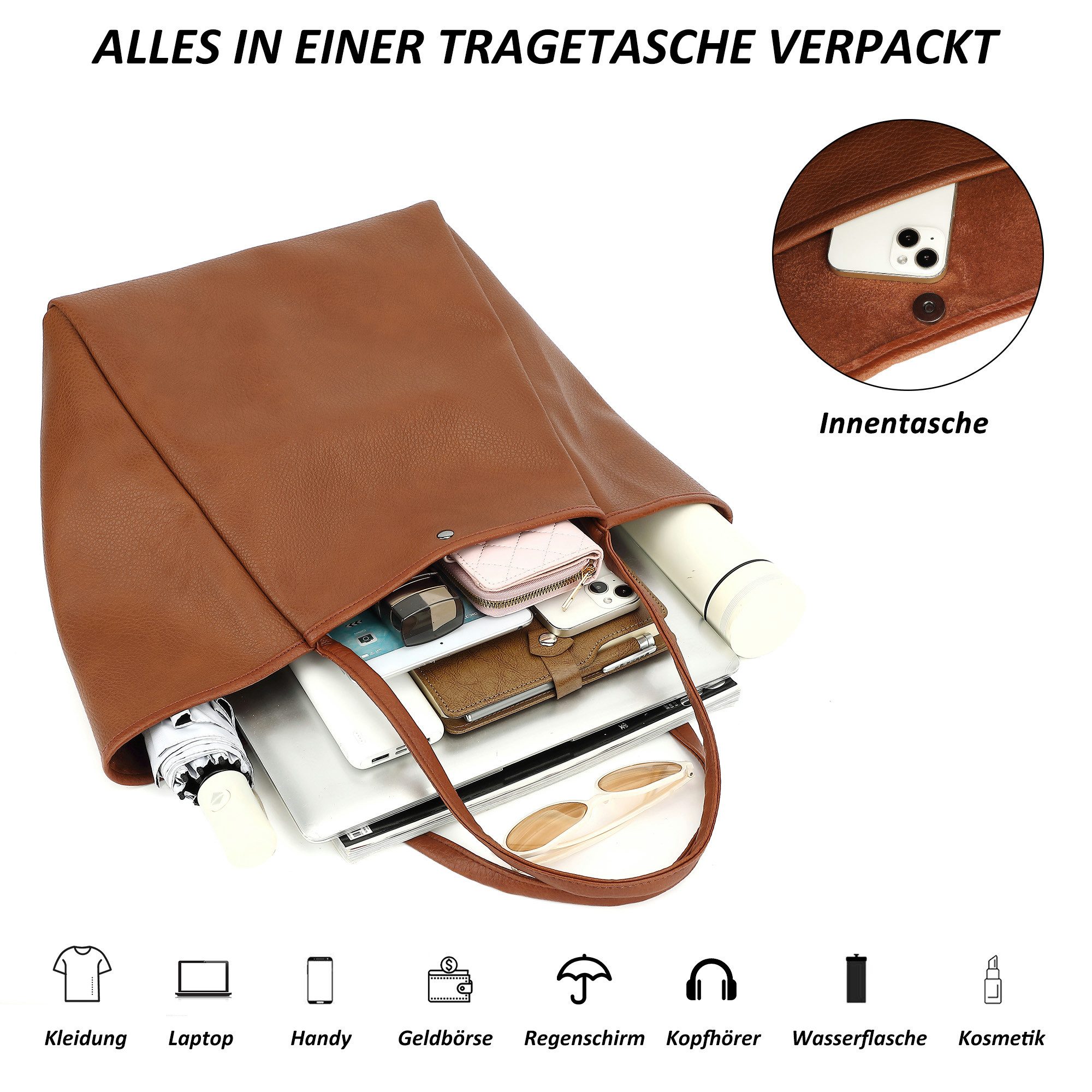 TAN.TOMI Schultertasche Damen Magnetverschluss Umhängetasche PU Leder Tote Shopper Bag, Mit Innentaschen und dekorative Anhänger für Arbeit, Schule, Einkauf