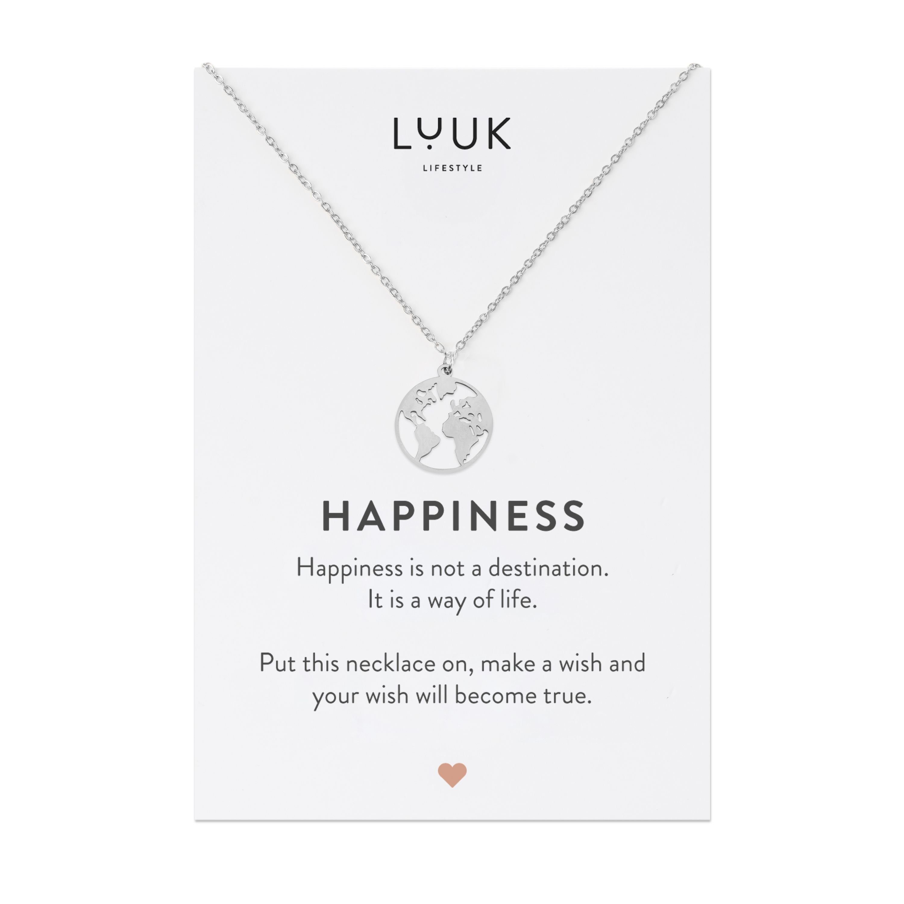 LUUK LIFESTYLE Kette mit Anhänger Weltkarte, Geschenkidee für Freundin, Verlobte Silber