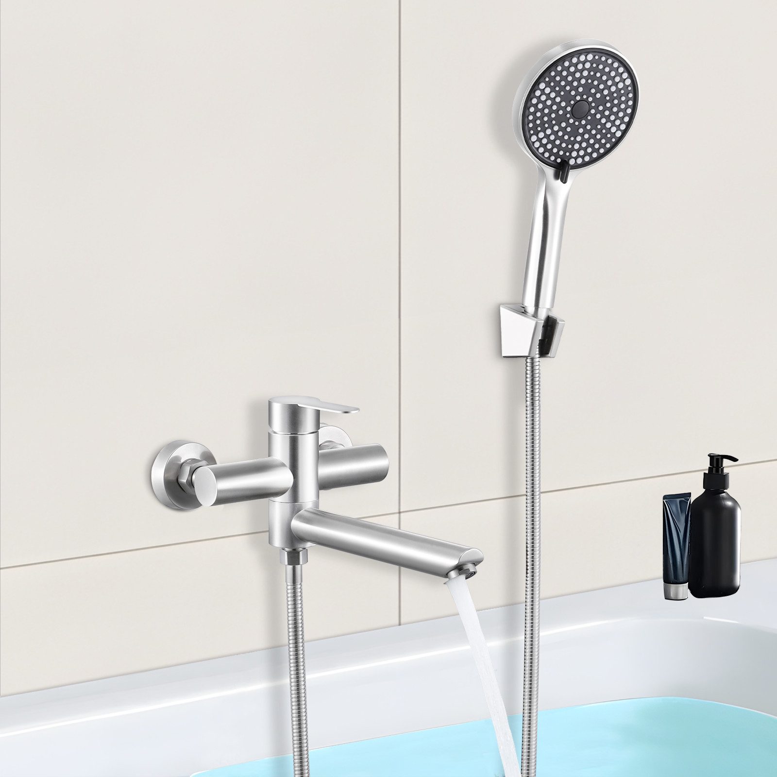 ZMH Duschsystem Wannenarmatur mit Handbrause Mischbatterie Badewanne, 150mm Wandmontage Armatur 3 Funktionen
