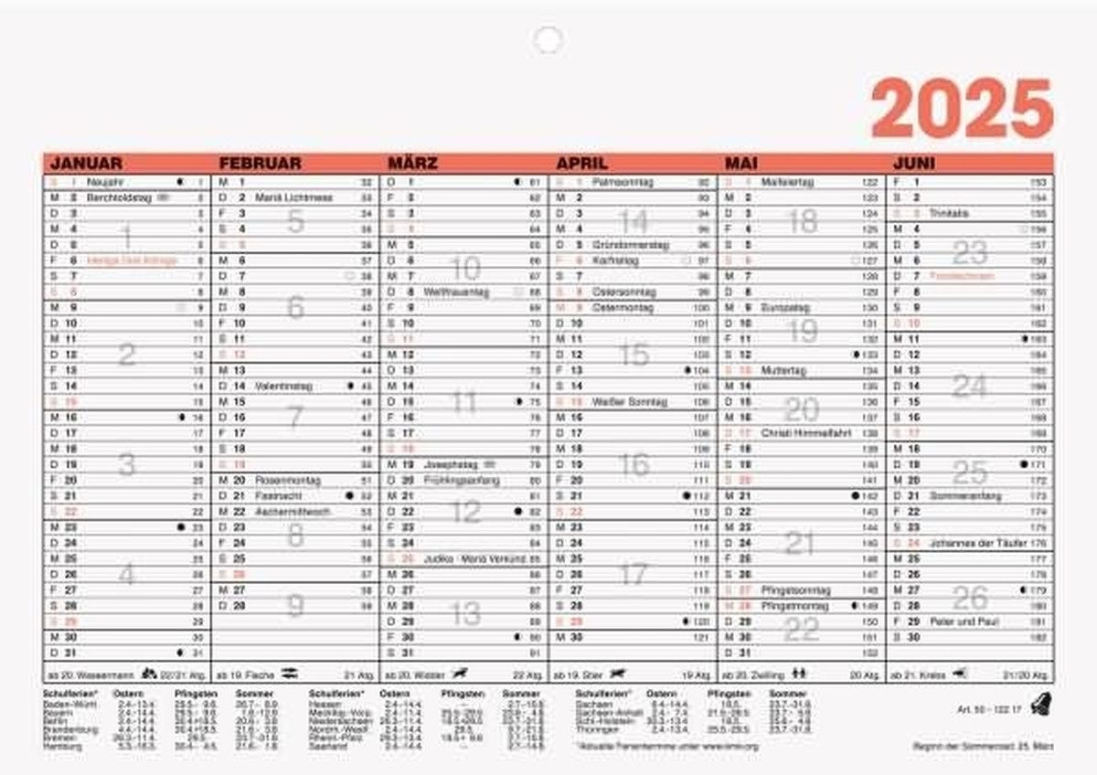 GLOCKEN Terminplaner Tafelkalender 21x14,8cm 6 Monate/Seite Kalendarium 2025
