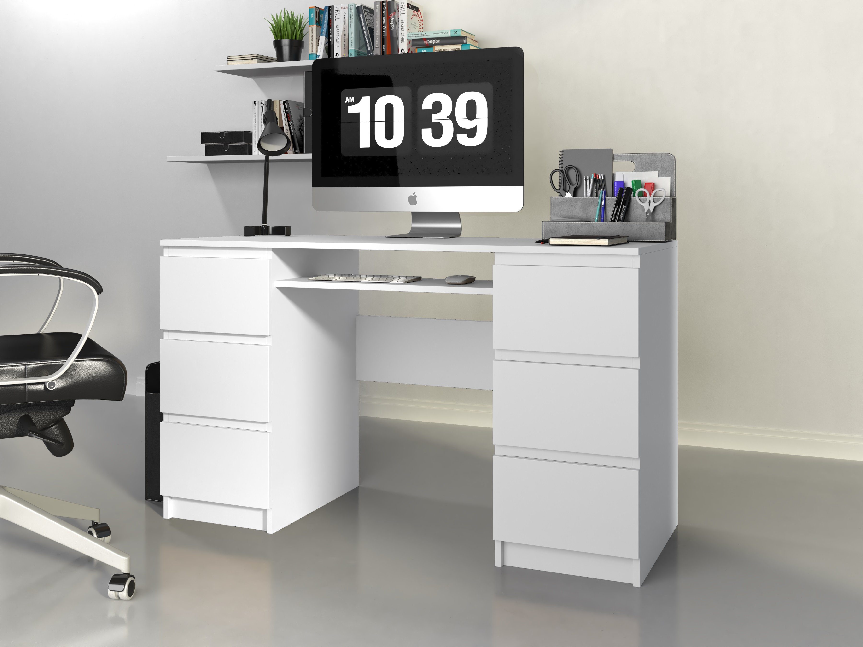 Bürotisch Arbeitstisch 130cm mit 76cm Holzwerkstoff Breite 6 Schubladen Höhe, PC-Tisch weiß Schreibtisch Home Collective