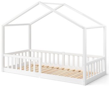 Bellabino Hausbett Bia (weiß, 80x160 cm, Bodenbett mit Rolllattenrost und Rausfallschutz), bodentiefes Kinderbett in 2 Größen