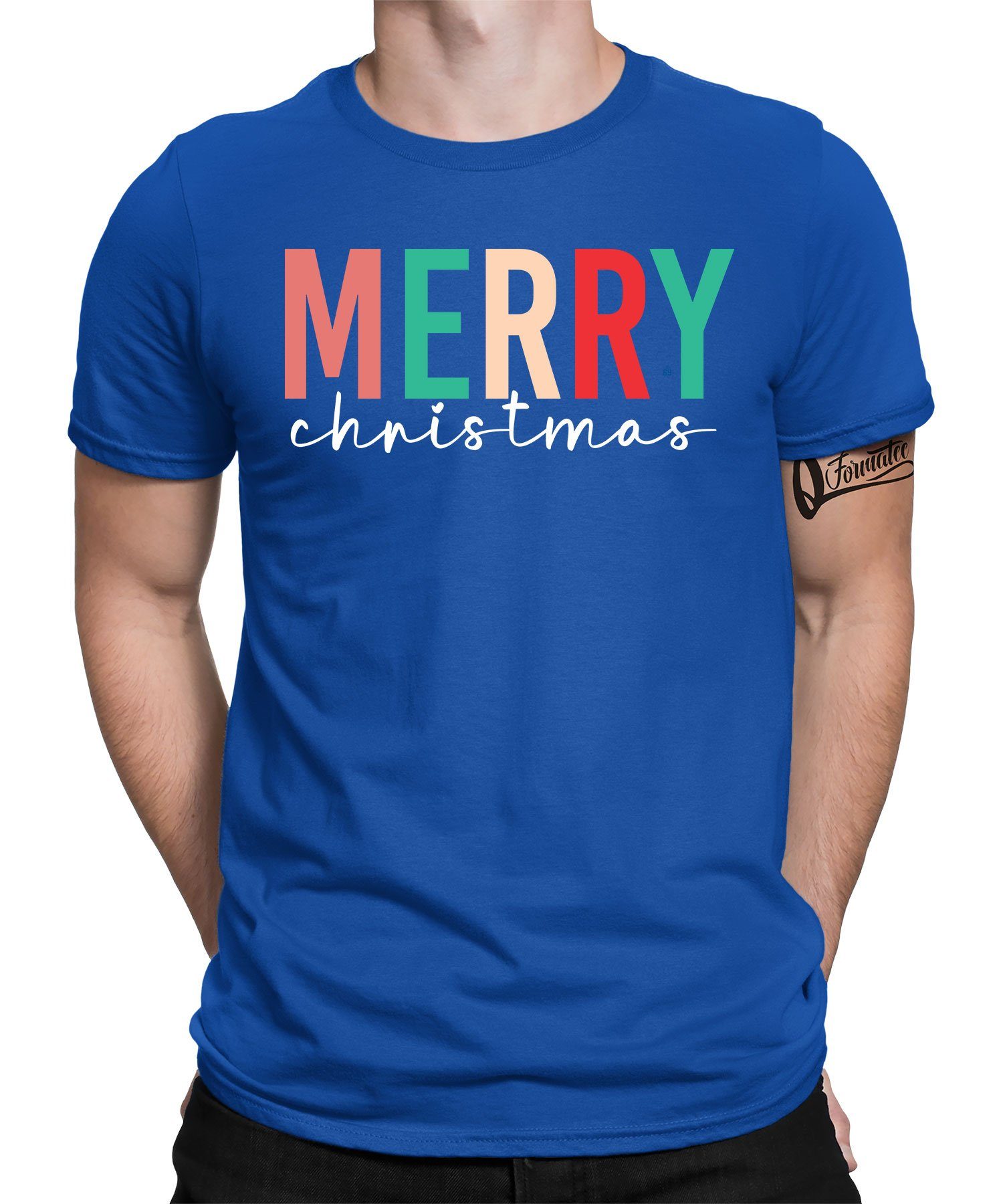 Quattro Christmas Weihnachtsgeschenk (1-tlg) T-Shirt Blau X-mas - Formatee Weihnachten Merry Herren Kurzarmshirt