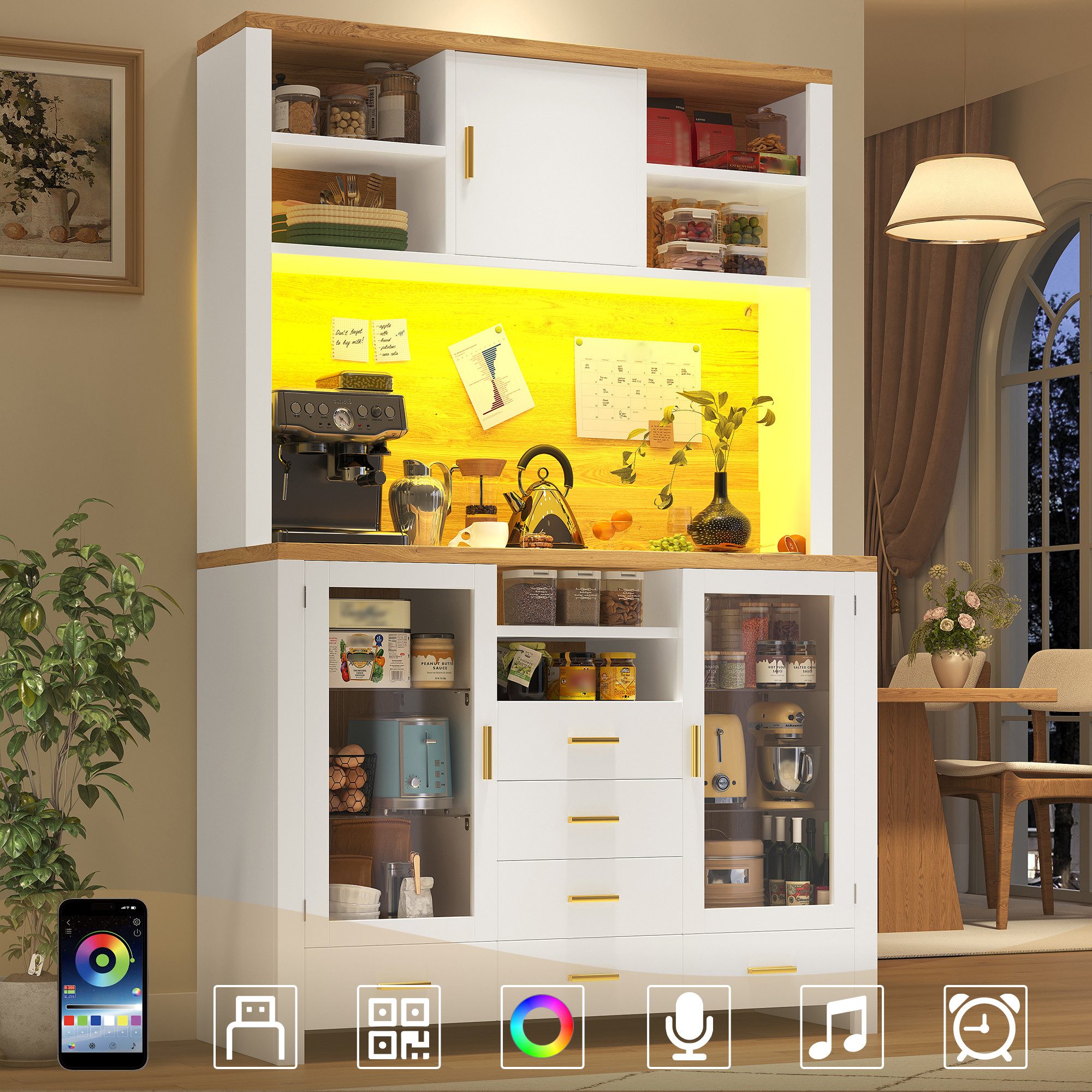 Flieks Küchenbuffet mit LED-Beleuchtung, Glaseinlegeböden, Glastüren und Schubladen (1-St., B120/T40/H188 cm) Hochschrank Küchenschrank Geschirrschrank mit Arbeitsplatte Holzoptik