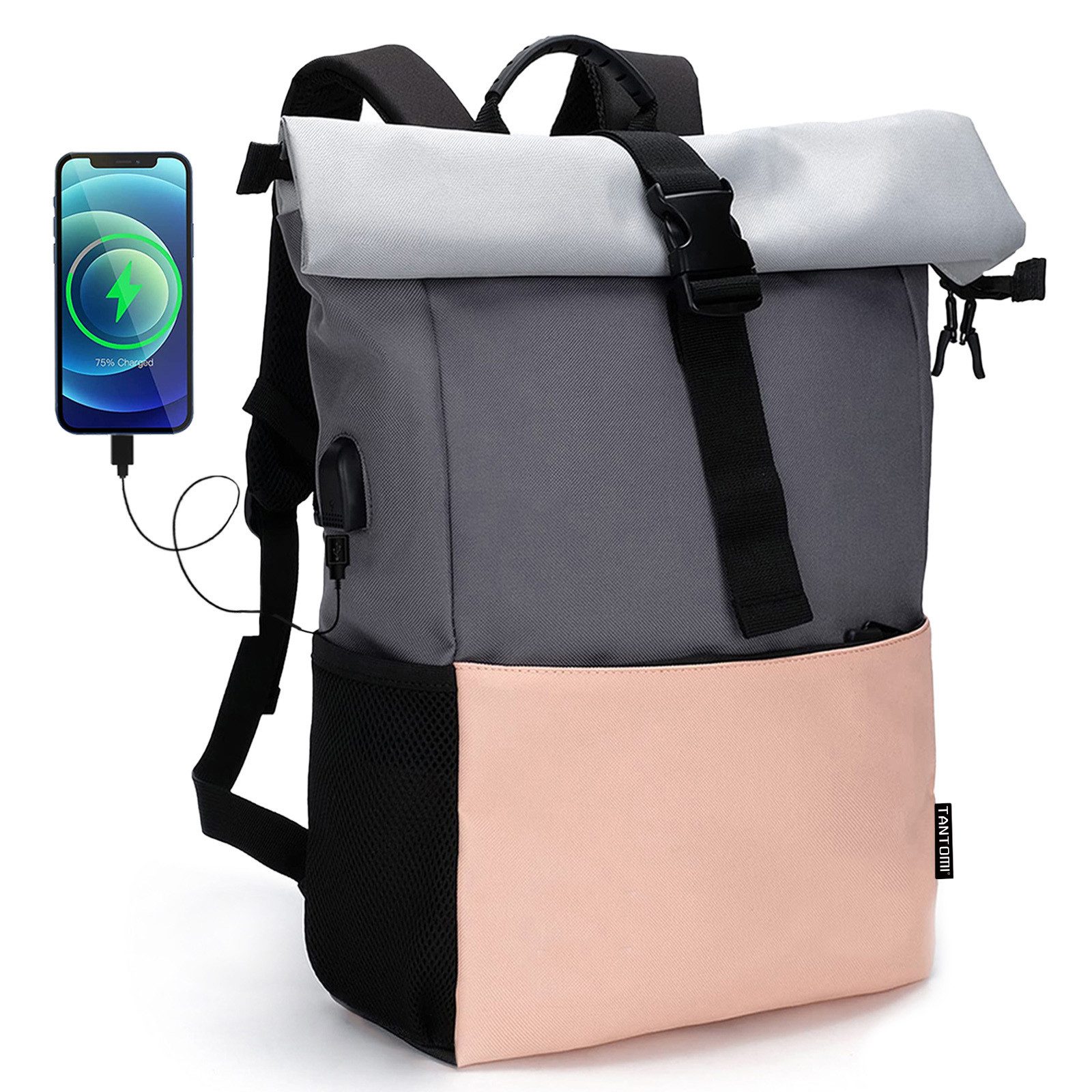 TAN.TOMI Freizeitrucksack Arbeitsrucksack Groß Damen lässiger Rolltop Rucksack Herren Backpack, mit Laptopfach bis 15,6 zoll und externen USB-Anschluss
