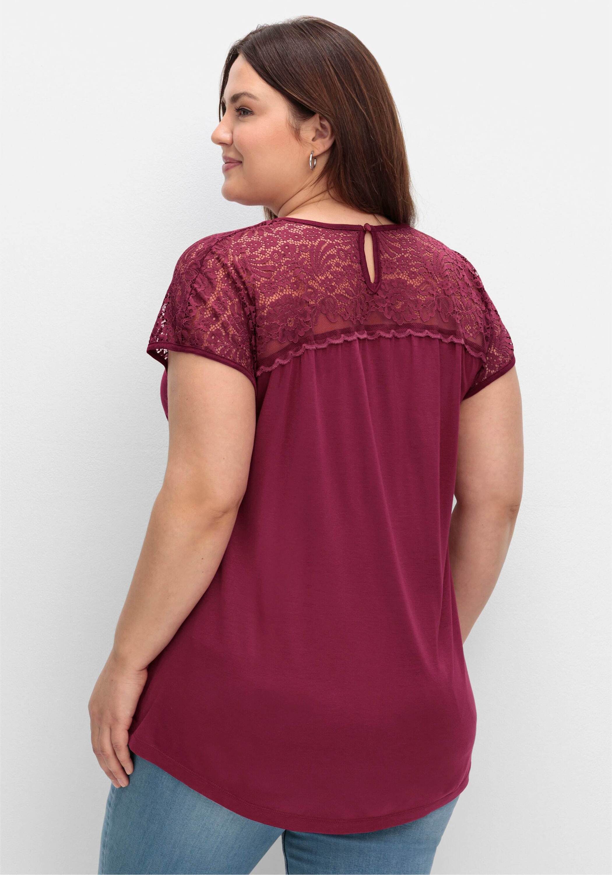 Sheego T-Shirt Spitzenshirt Kurzarm mit Spitzenpasse an der Schulterpartie günstig online kaufen